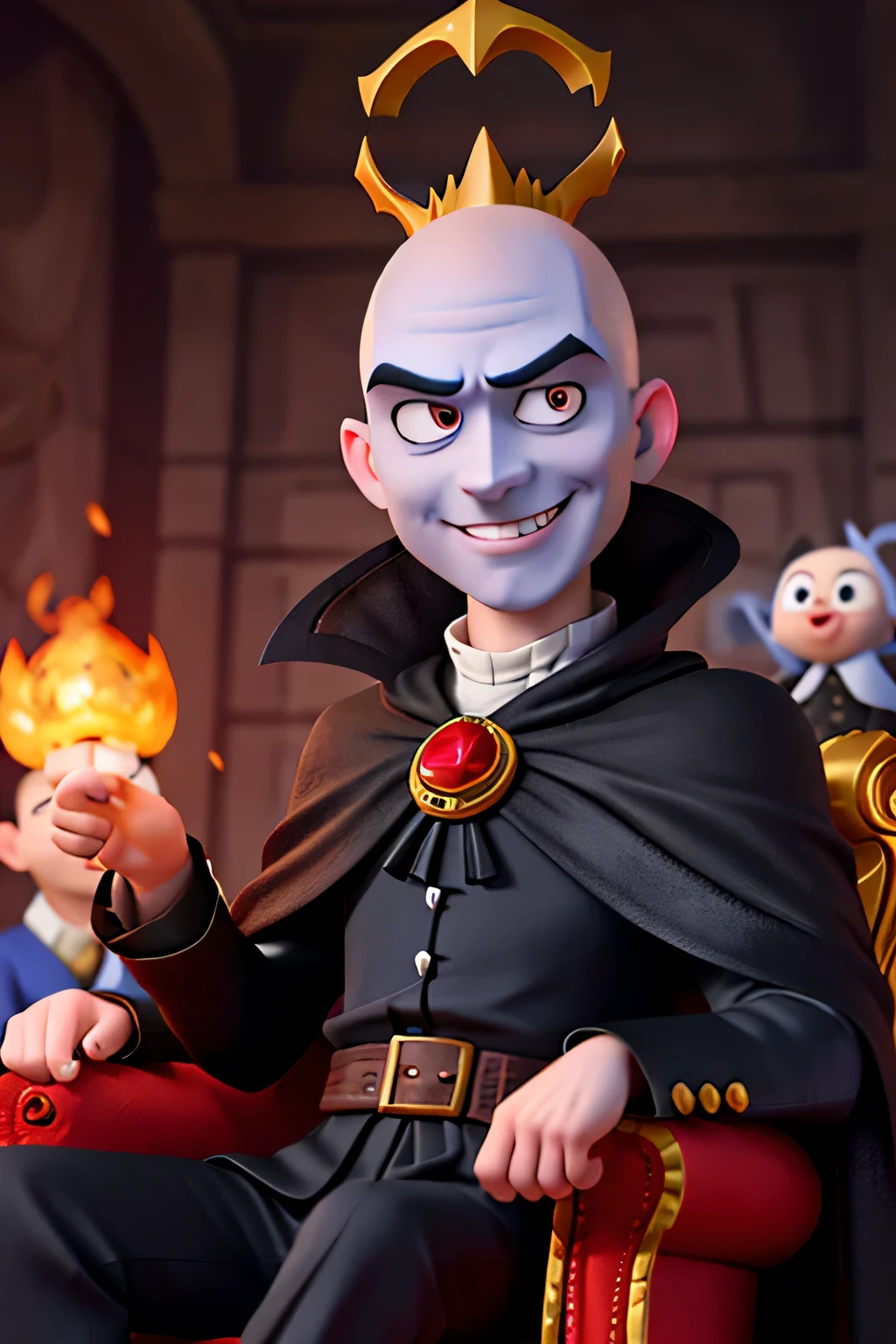 Megamind style, image centralized, create the image of a bald man pale ugly devilish smile with dark circles under his eyes black king's cape judge, surrounded by vultures, blurred background of a throne, dark lights