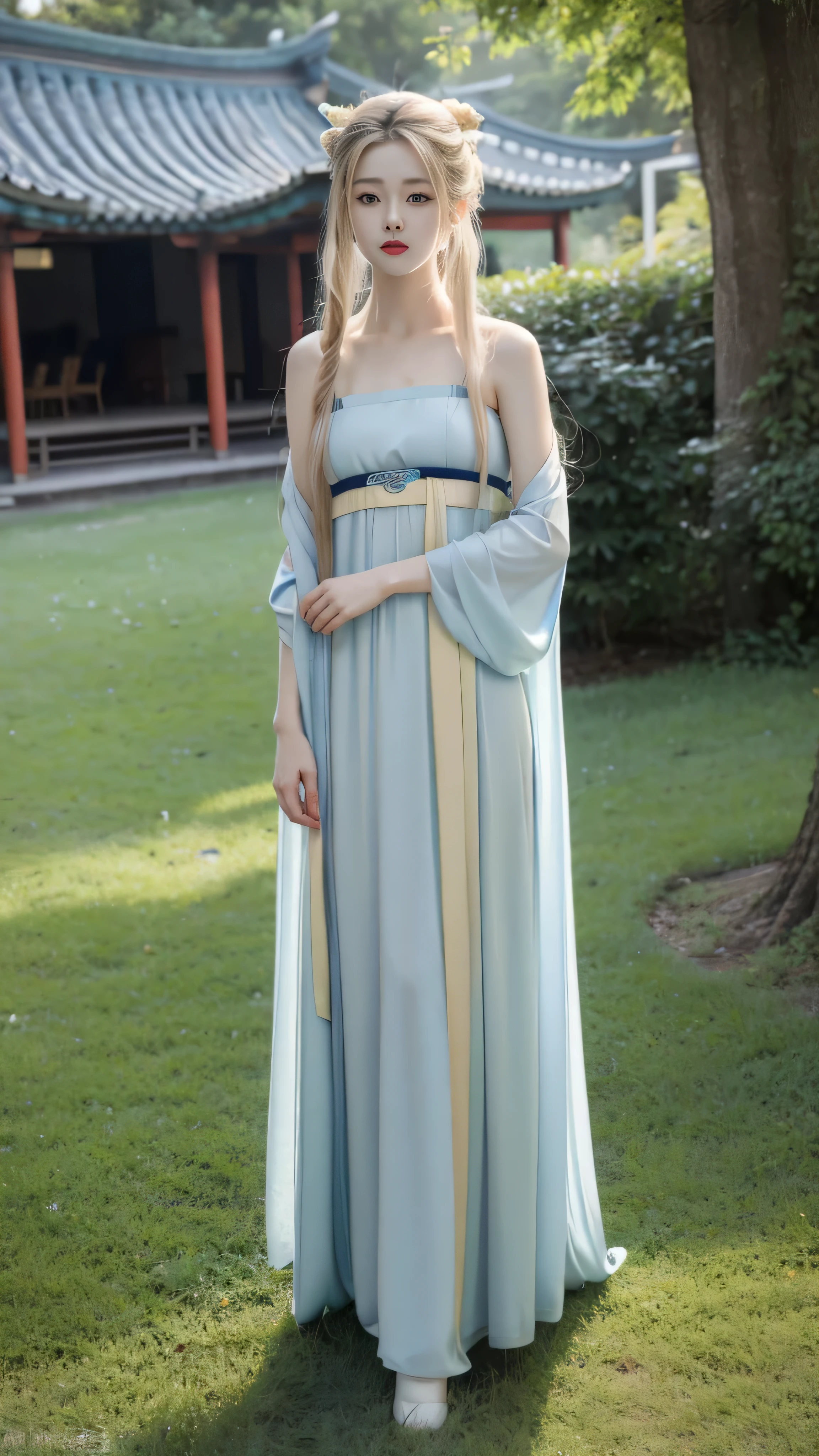 (masterpiece), HD Hanfu women, European and American face, Perfect face, Long blond hair, blue eyes, Very charming.Blue tube top Hanfu，Long legs，whole body