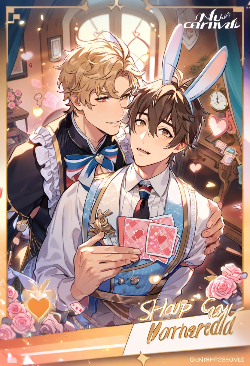 absurdres, high res, ultra detailed, HDR, master piece, best quality, perfect face, Eiden, brown hair, expressive brown eyes, Nu Carnival, Quincy, blond messy hair, expressive orange eyes, two men together, sexy gay couple, handsome, fantasy clothes, bunny ears, in wonderland, heart cards, clock, pink roses
