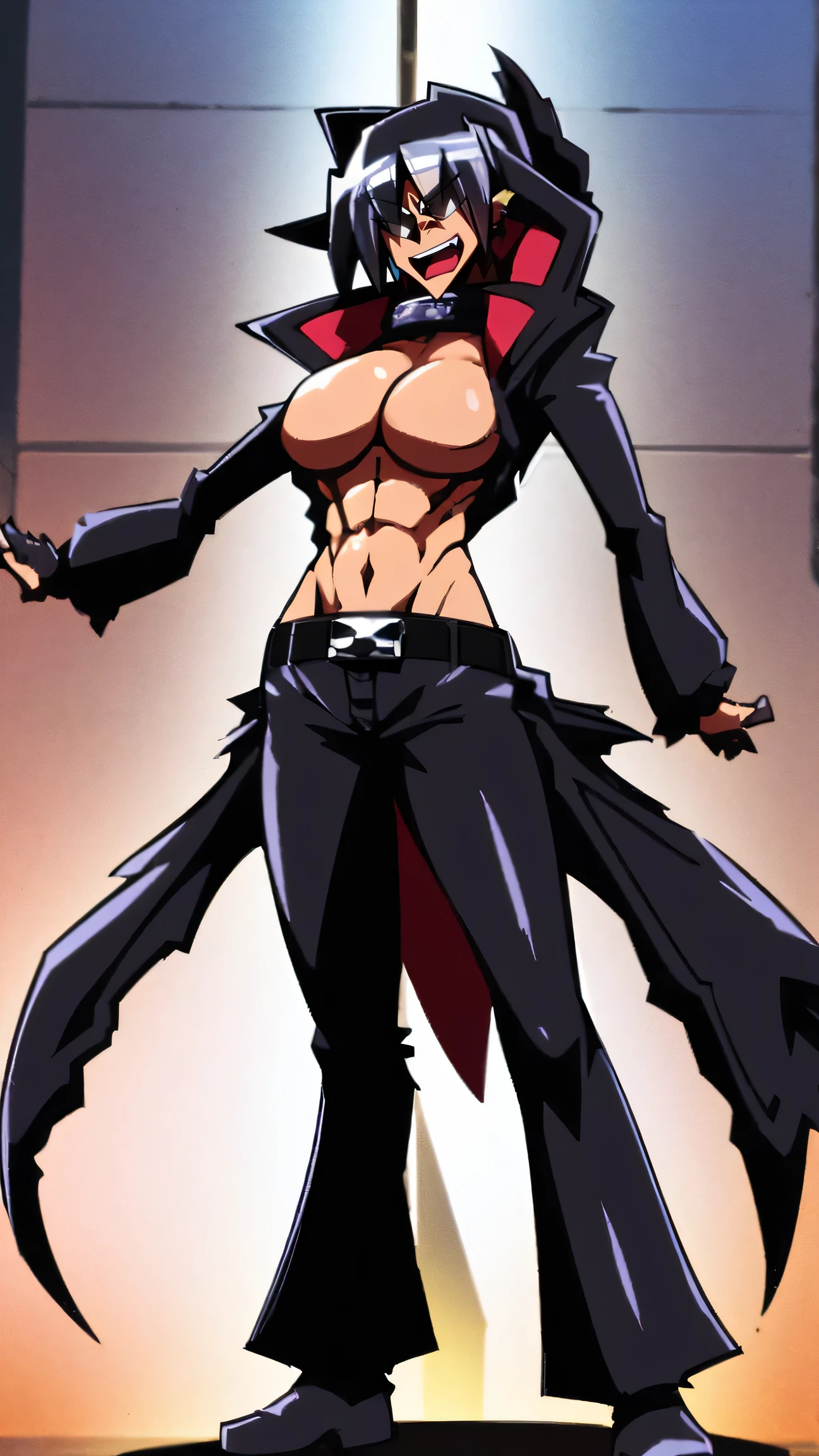 1girl,solo,female focus,masterpiece, adam blade76, black jacked, long jacked, glasses, pants, belt, muscle, open mouth, smile, desert, sun, tower, full body, feet,refsheet, UHD, retina,