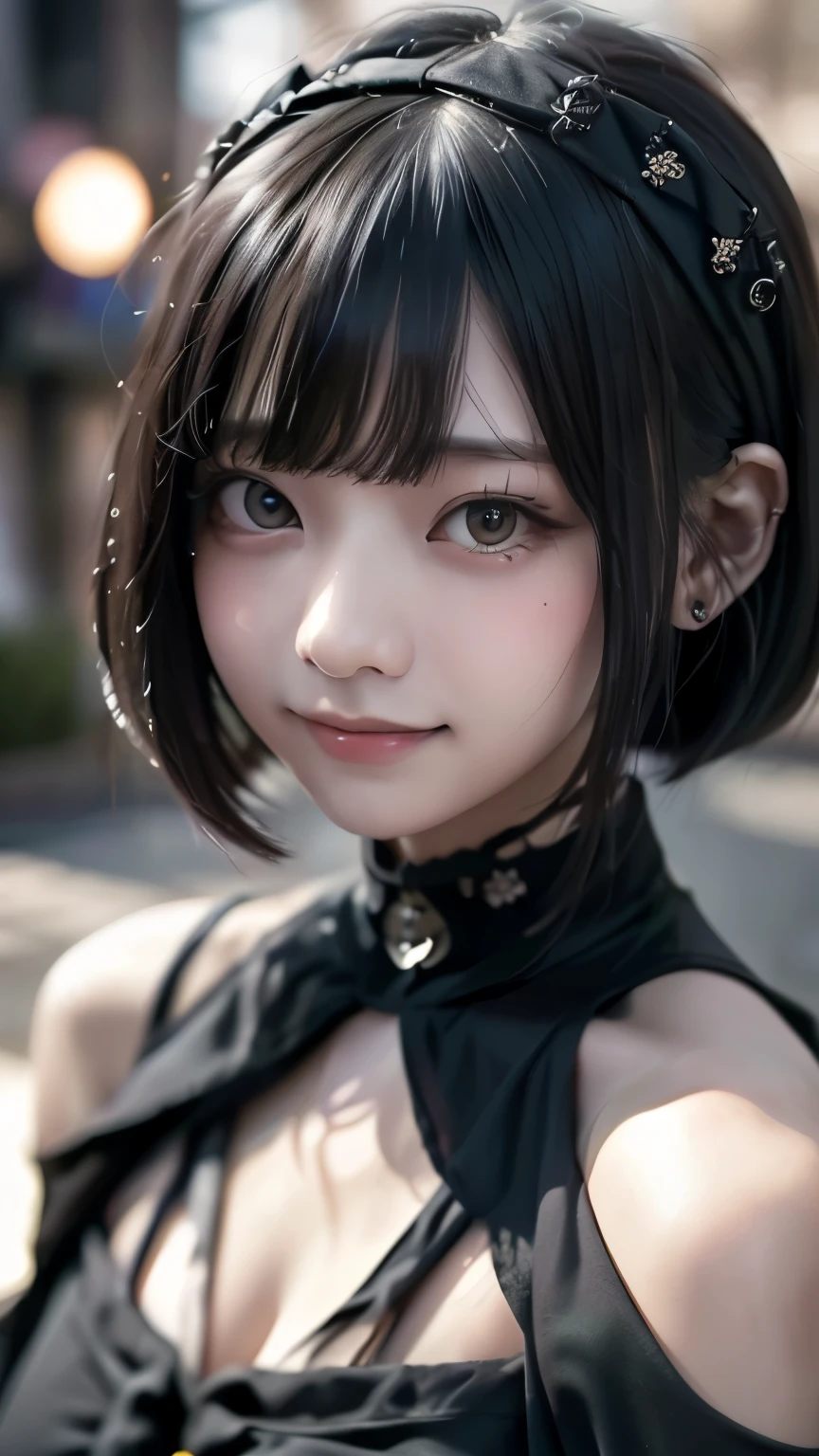 Surreal、Delicate and detailed line drawingasterpiece、highest quality、Highest quality、One Woman、(Black Hair、Hime cut, Short Hair:1.2)、Natural Makeup、Eyelash extensions、Sharply draw eyelashes、Deep orange blush、Grinning, showing some teeth、A little red cheeks、16-year-old female、Dark Rose Garden、Purple roses、(Black simple hair accessory、Gothic dress with a plunging neckline:1.3)、(Blur the background:1.3)、(The subject is viewed from above:1.1)