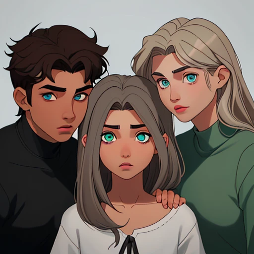 Tres hermanos, el primero es un chico con el cabello negro lacio y los ojos gris oscuro, The second is a boy with brown hair and gray eyes and the last is a girl with light blonde hair and green eyes.