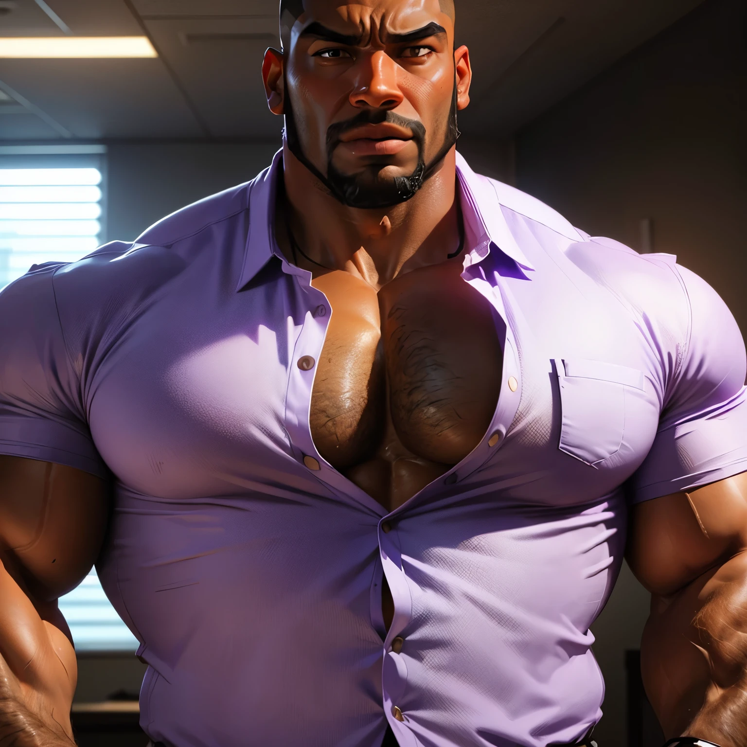 an exaggeratedly muscular and large bodyguard, beefy build, beard, dark-skinned african american male, buzzcut hair with square line, (surprised expression: 1.2), (wearing unbuttoned purple business shirt: 1.2), open shirt, small name tag on shirt, (bara pecs: 1.3), (arm and chest hair: 1.1), close-up portrait HD, (bright fluorescent office building with large windows)