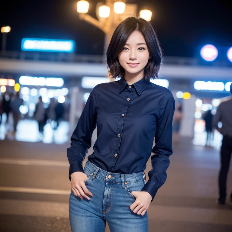 A beautiful Japanese woman in her thirties with short hair, wearing a dark blue long-sleeved cotton shirt and jeans pants, looks at me and smiles. Focal length 100mmf/2.8, spring night, in front of the station at night, in front of the station with a lot of traffic at night, well-shaped face, friendly smile, toned body, dark blue long-sleeved cotton shirt, jeans pants, close-up of eyes, sense of presence, 8K Image quality, top quality.