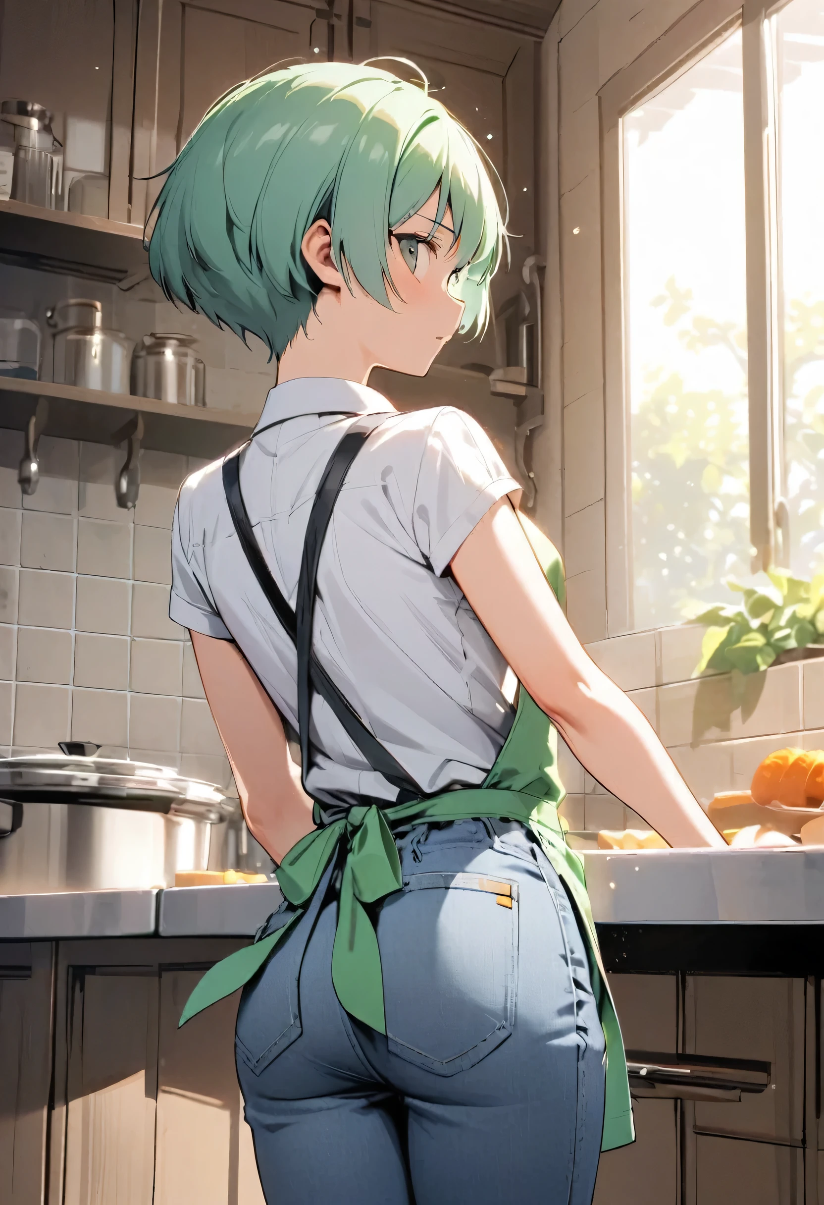 boyish　Shyness　In jeans　Apron appearance　　kitchen　please　Back view　look back