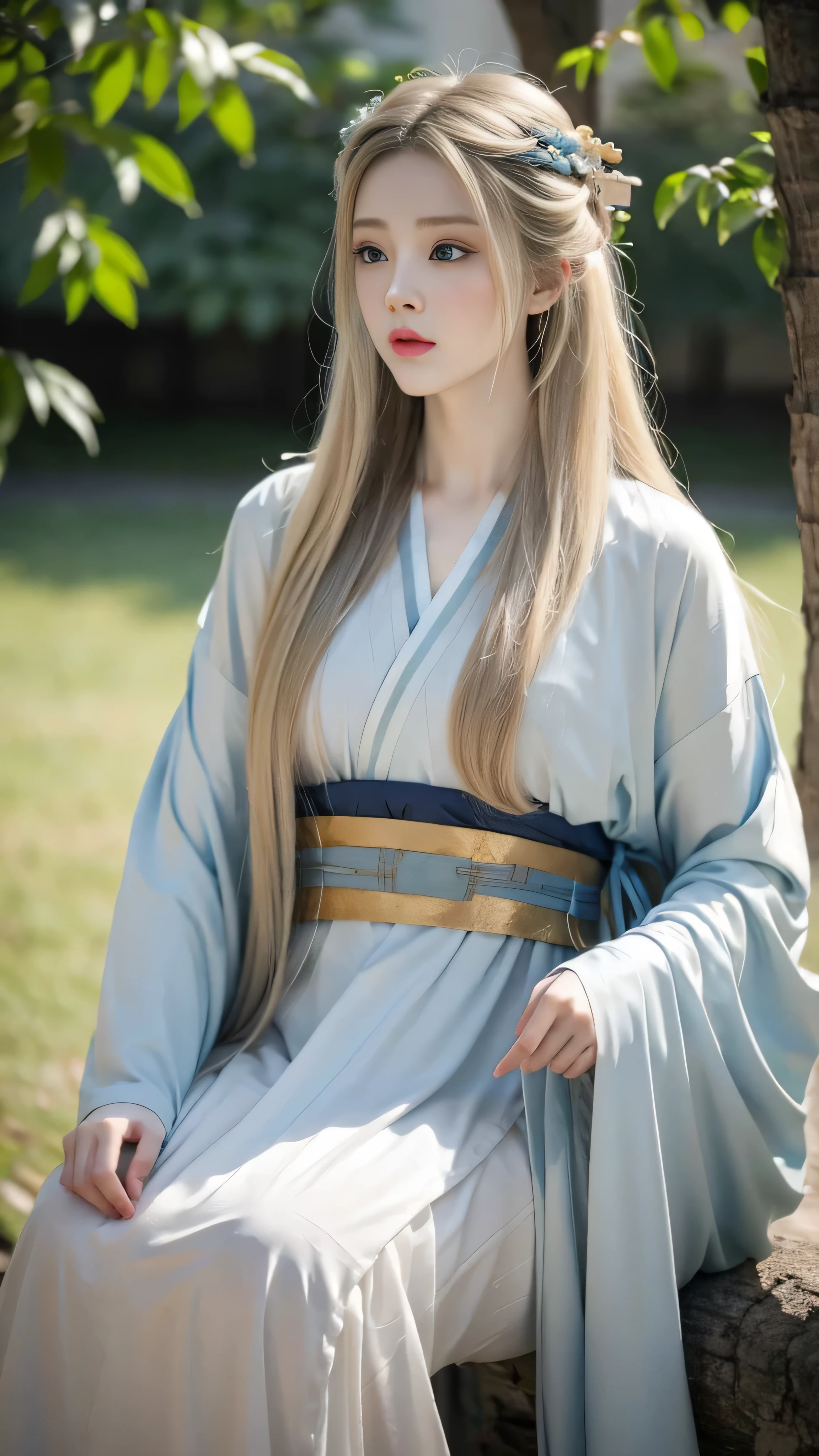(masterpiece), HD Hanfu women, European and American face, Perfect face, Long blond hair, blue eyes, Very charming.