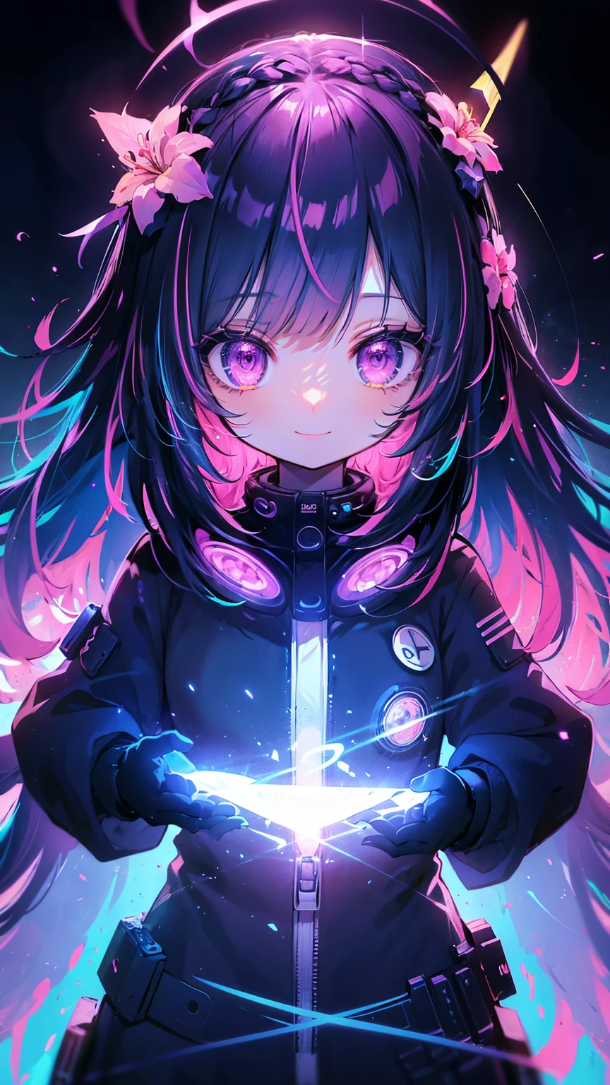 ((cyberpunked)),((flowercrown)),Optical camouflage、headset on head、Neon light、City of the Future、Glowing jumpsuit、(1girl in, Solo:1.6),(Cute smile),(Clothes are simple), (Best Impact:1.5), (maximalism:1.7), Vivid contrast, (Realistic), hyperrealistic illustrations, hight resolution, ultra-detailliert, absurderes,(Fractal Art:1.3)、Random hairstyle、Random hair color colorful、FULL BODYSHOT、Retro、Precise focus、randome pose、cinema4d、Drama
