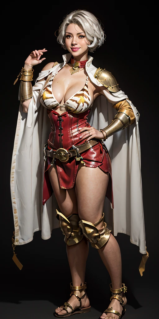 ((BLACK BACKGROUND 1:2, masterpiece)) 1solo female full body MILF BIMBO standing straight symmetrical with two long thighs and two metal sandals, red eyes like rubies, eye focus looking to the viewer, silver white hair, short bob style hair, big knockers breastplate, breastplate, cleavage, tiara royal, long cape up to two feet, yellow bikini (yellow tiger stripes), lustful smirking smiling, smile face (red blushed, red cheeks), pauldrons metal shoulders, gold sleeveless bracelets, separate sleeves, hands on waist hands OR hips, golden bracers, metal handcuffs, leather corset, red loincloth, black leather choker slave collar, shackles bracelets, slave red crest under navel, navel, big belt around waist OR hips, feet together, metal ankle, two long thighs and two metal sandals