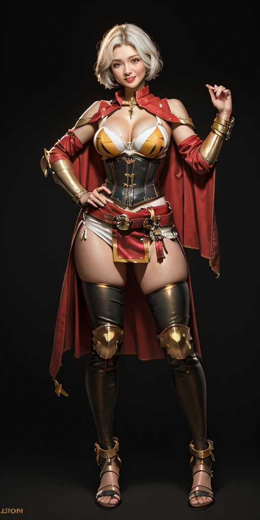 ((BLACK BACKGROUND 1:2, masterpiece)) 1solo female full body MILF BIMBO standing straight symmetrical with two long thighs and two metal sandals, red eyes like rubies, eye focus looking to the viewer, silver white hair, short bob style hair, big knockers breastplate, breastplate, cleavage, tiara royal, long cape up to two feet, yellow bikini (yellow tiger stripes), lustful smirking smiling, smile face (red blushed, red cheeks), pauldrons metal shoulders, gold sleeveless bracelets, separate sleeves, hands on waist hands OR hips, golden bracers, metal handcuffs, leather corset, red loincloth, black leather choker slave collar, shackles bracelets, slave red crest under navel, navel, big belt around waist OR hips, feet together, metal ankle, two long thighs and two metal sandals