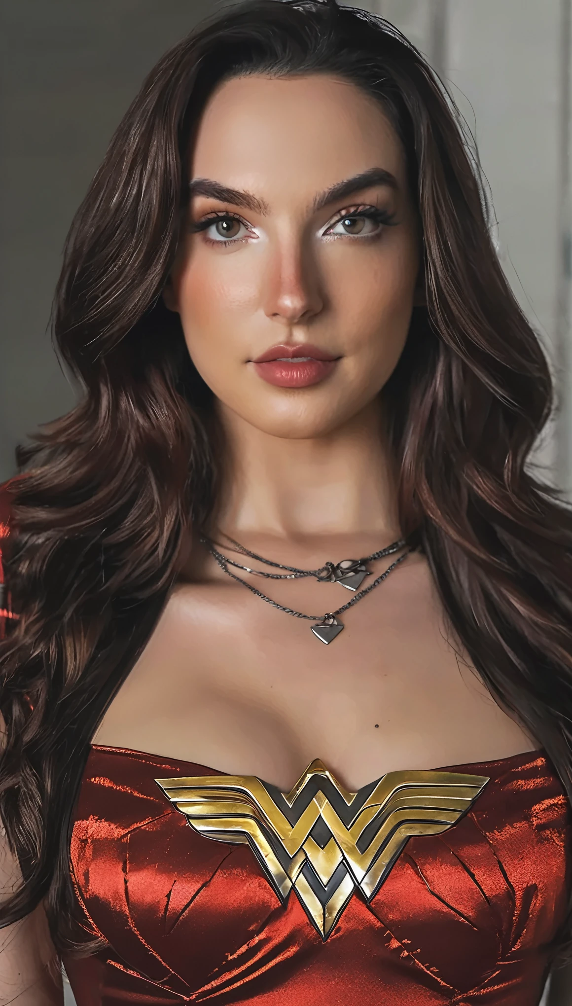 professional portrait photo of mssbrsl, looking at the camera,, with a thin leather choker around her neck and has (glossy lips), Nikon Z9, looking at the camera, realistic matte skin, (highly detailed), ((skin texture)), (sharp focus), high-res (Wonder Woman outfit), weating a red dress
