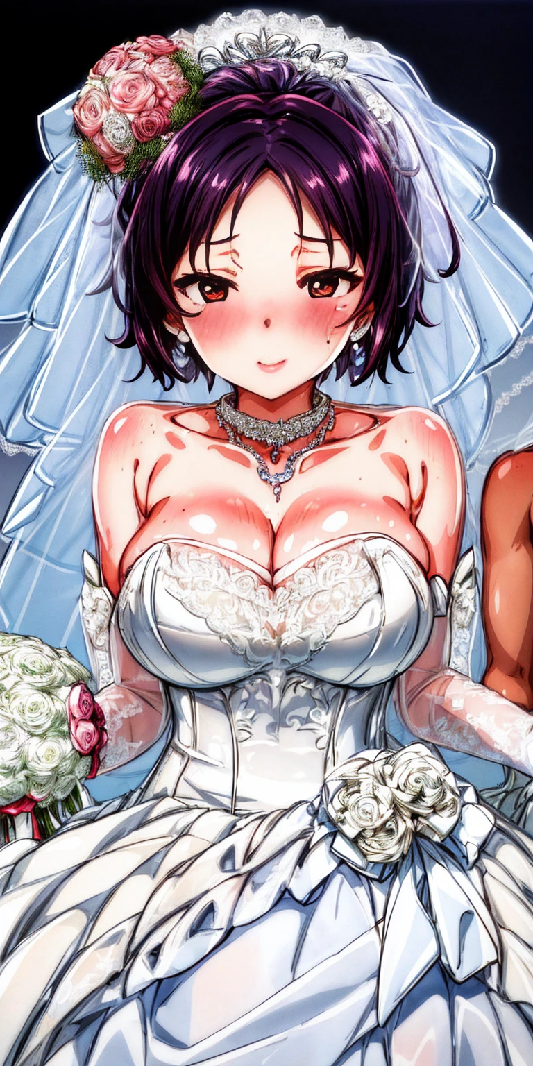 Close-up of beautiful bride wearing beautiful wedding dress, Gurwitz, (bridal veil:1.5), (Transparent short veil:1.5), Blushing face, head flower, headgear, (tube top wedding dress: 1.5), (Silk dress: 1.2) (Strapless wedding dress: 1.5) pure white dress, necklace, earrings, (large breasts:1.3), Deep V peach heart collar wedding dress, bangs, lipstick, (lace gloves: 1.3), whole body, high detail RAW color art, Long white dress, whole body, place your hands behind your back