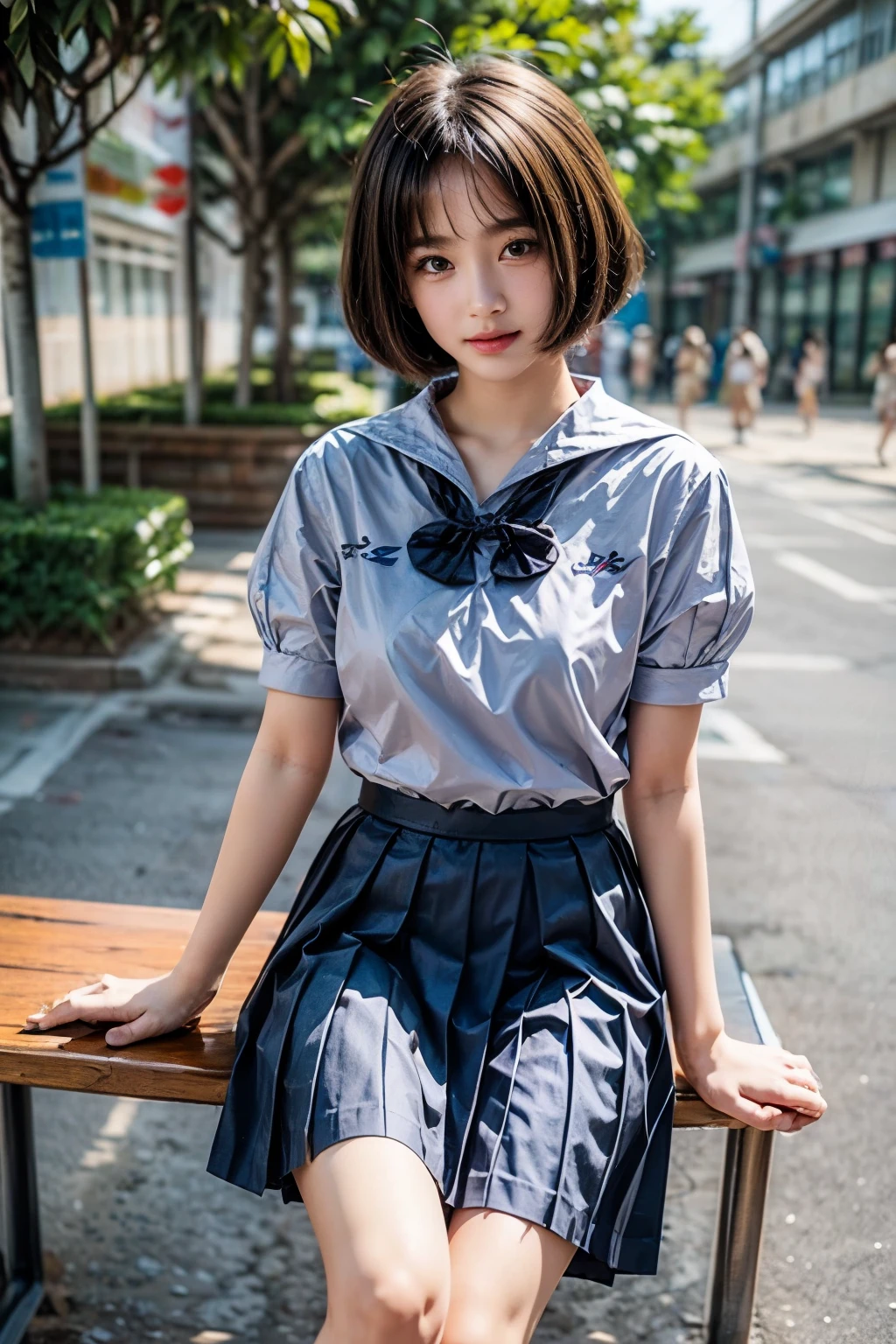 Very beautiful teenage woman wearing student uniforms, small black skirt, sitting on garden bench, a beautiful modern house is background, taken by professionals photographer, ultra realistic