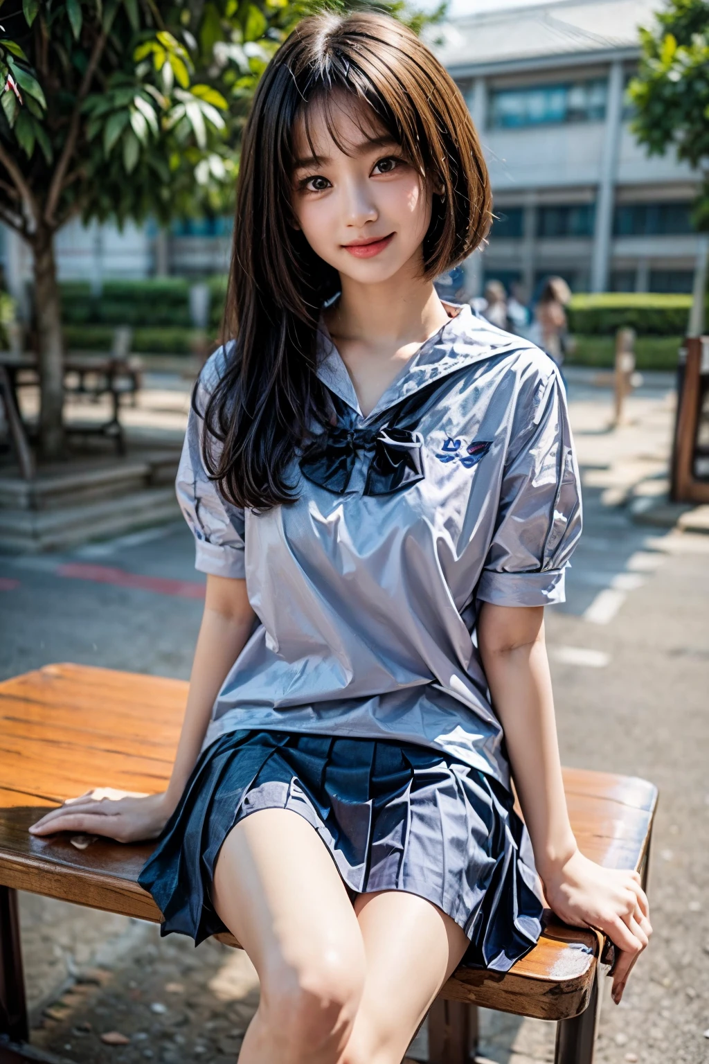 Very beautiful teenage woman wearing student uniforms, small black skirt, sitting on garden bench, a beautiful modern house is background, taken by professionals photographer, ultra realistic