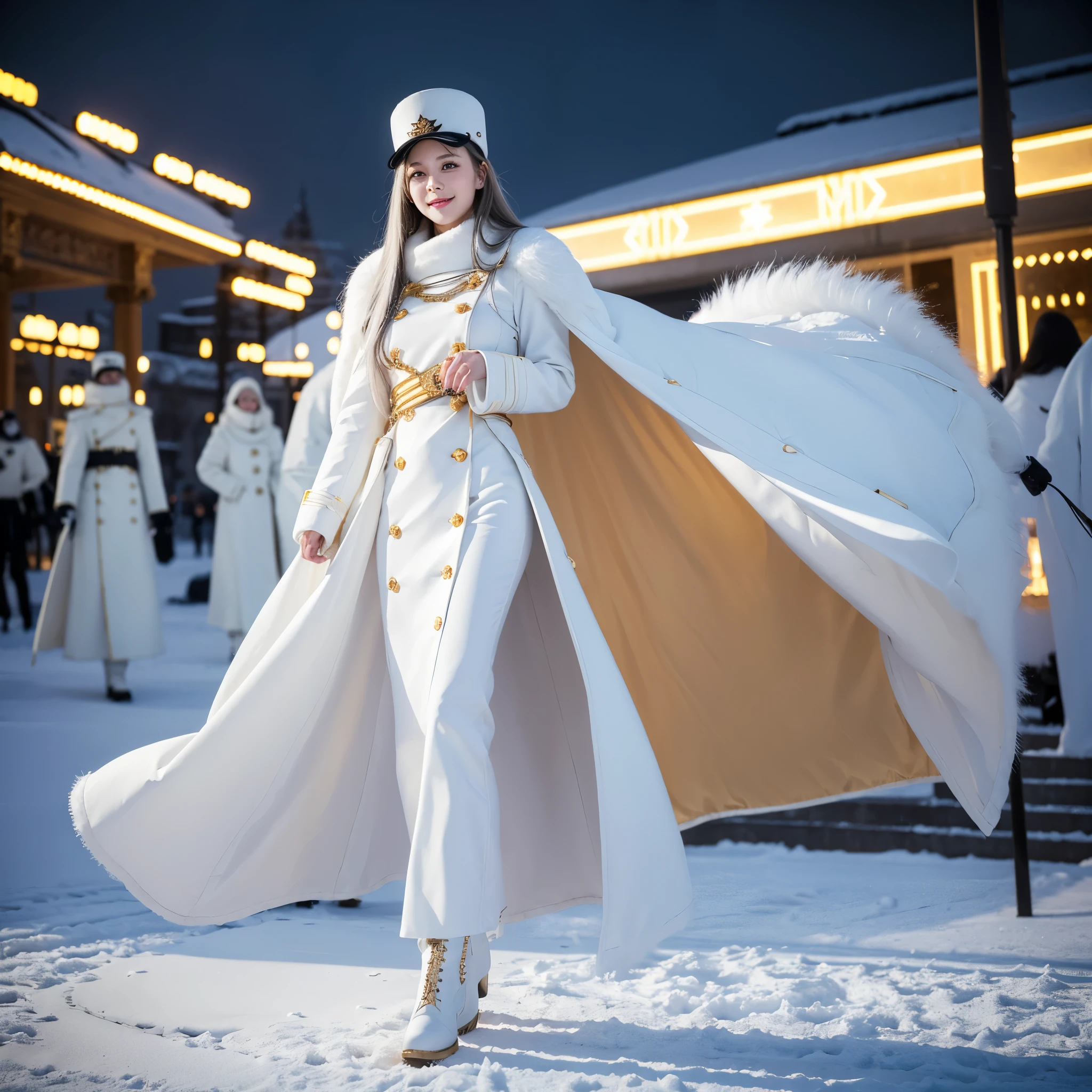 A woman wearing long white military dress with gold details, wearing a long white fur coat, imperial Russian military hat, long white hair, black boots, smiling, big breasts, red eyes, walking on a city promenade in snowy weather , orange lighting, at night,HDR, ultra resolution, well defined, masterpiece, 8K HD (woman solo )