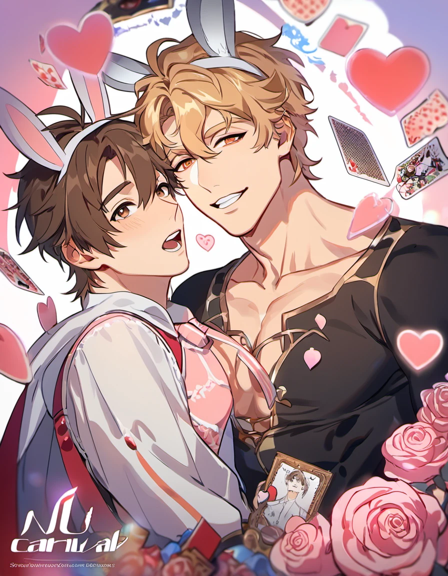 absurdres, high res, ultra detailed, HDR, master piece, best quality, perfect face, Eiden, brown hair, expressive brown eyes, Nu Carnival, Quincy, blond messy hair, expressive orange eyes, two men together, sexy gay couple, handsome, fantasy black and white clothes, showing the chest, bunny ears, in wonderland, heart cards, clock, pink roses