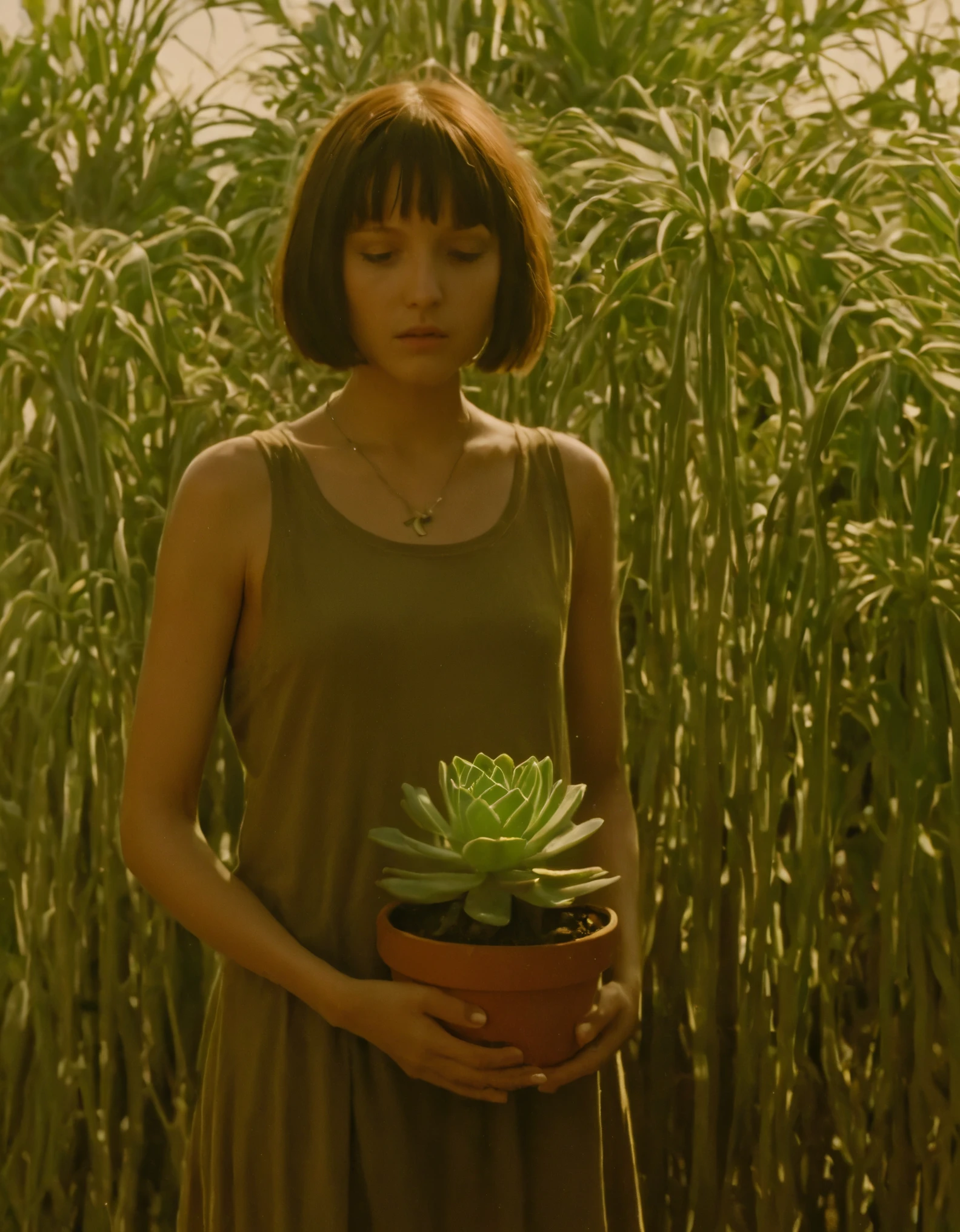 Enter the world of cinema with this prompt featuring a photography capturing the iconic scene from "Leon: The Professional" where the young female protagonist cradles a succulent plant in her arms. The warm glow of sunlight bathes the scene, highlighting the beauty and serenity of the plant. The composition of the photograph focuses on the plant, allowing viewers to appreciate its intricate details and vibrant colors. This photograph conveys a sense of tranquility and showcases the delicate bond between nature and humanity. Shot by renowned cinematographer Robert Richardson, this image captures the essence of the film's emotional depth and visual artistry，((Best quality)), ((Masterpiece)), ((Realistic))，axial symmetry，anatomy correct，