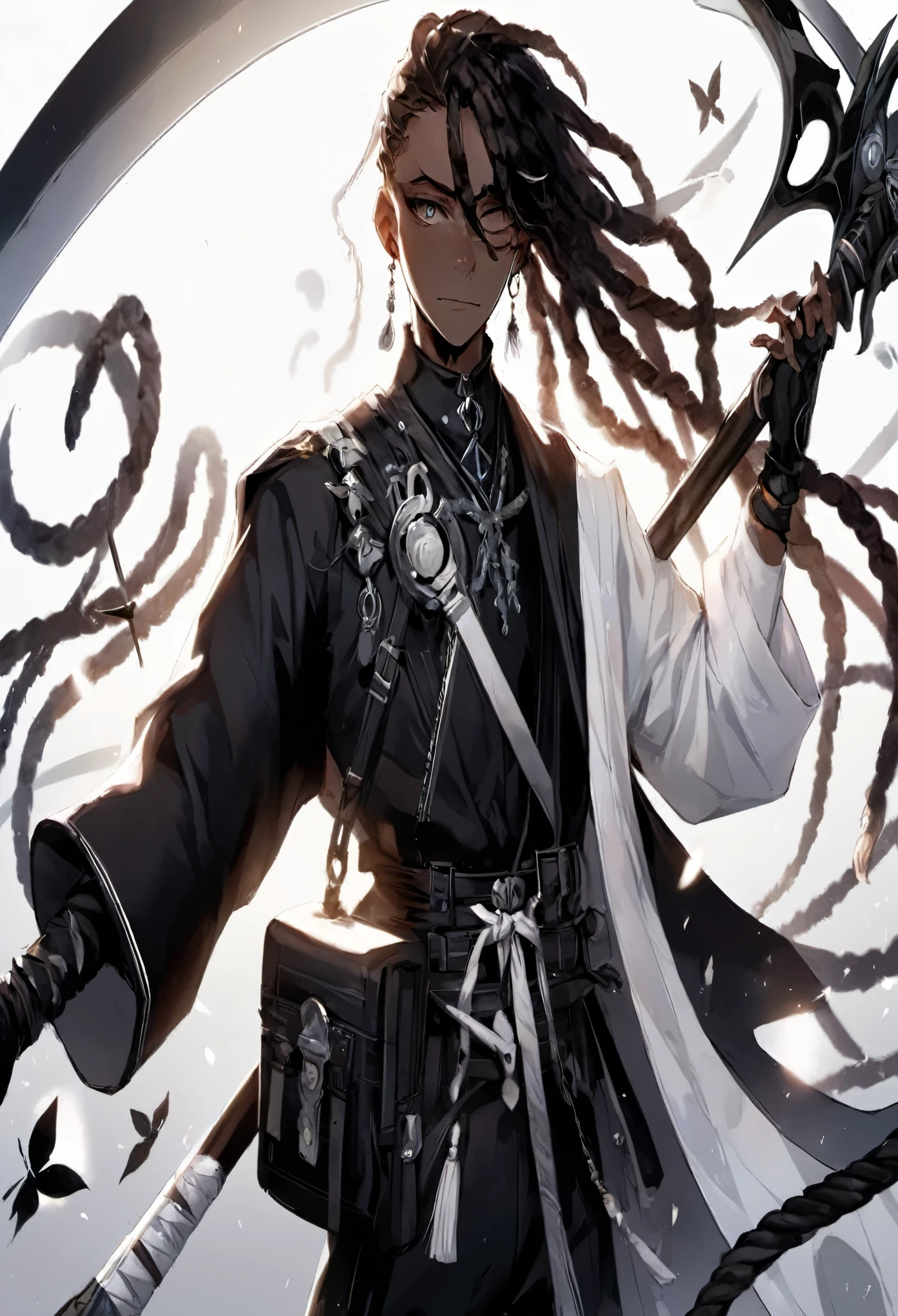 anime, um homem com dreadlocks segurando uma espada e um grande objeto circular, handsome guy in demon slayer art, epic and exquisite character art, Fanart de Rui Demon Slayer, por Yang J, arte detalhada de personagem de anime, anime afrofuturismo, De Arknights, arte de personagem de RPG, anime manga black girl, obras de arte no estilo de guweiz, jovem mago das sombras masculino