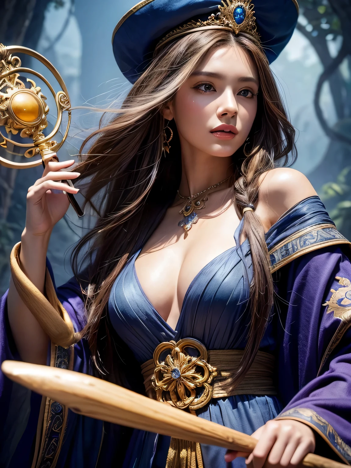 An extremely detailed painting of a mage girl wearing a hat, looking directly at the viewer. The girl has beautiful detailed eyes, lips, and face. The hat has intricate designs and is adorned with magical symbols. The girl is dressed in a flowing robe, with vibrant colors and intricate patterns. She is holding a wooden staff with a magical crystal on top. The background is a mystical setting with floating islands, waterfalls, and ancient ruins. The lighting is soft and diffused, casting a warm glow on the girl and her surroundings. The overall color palette is rich and vibrant, with a mix of deep blues, purples, and golds. The painting is of the highest quality, with ultra-detailed brushwork and a realistic, photorealistic style. It is a masterpiece that showcases the skill and talent of the artist.