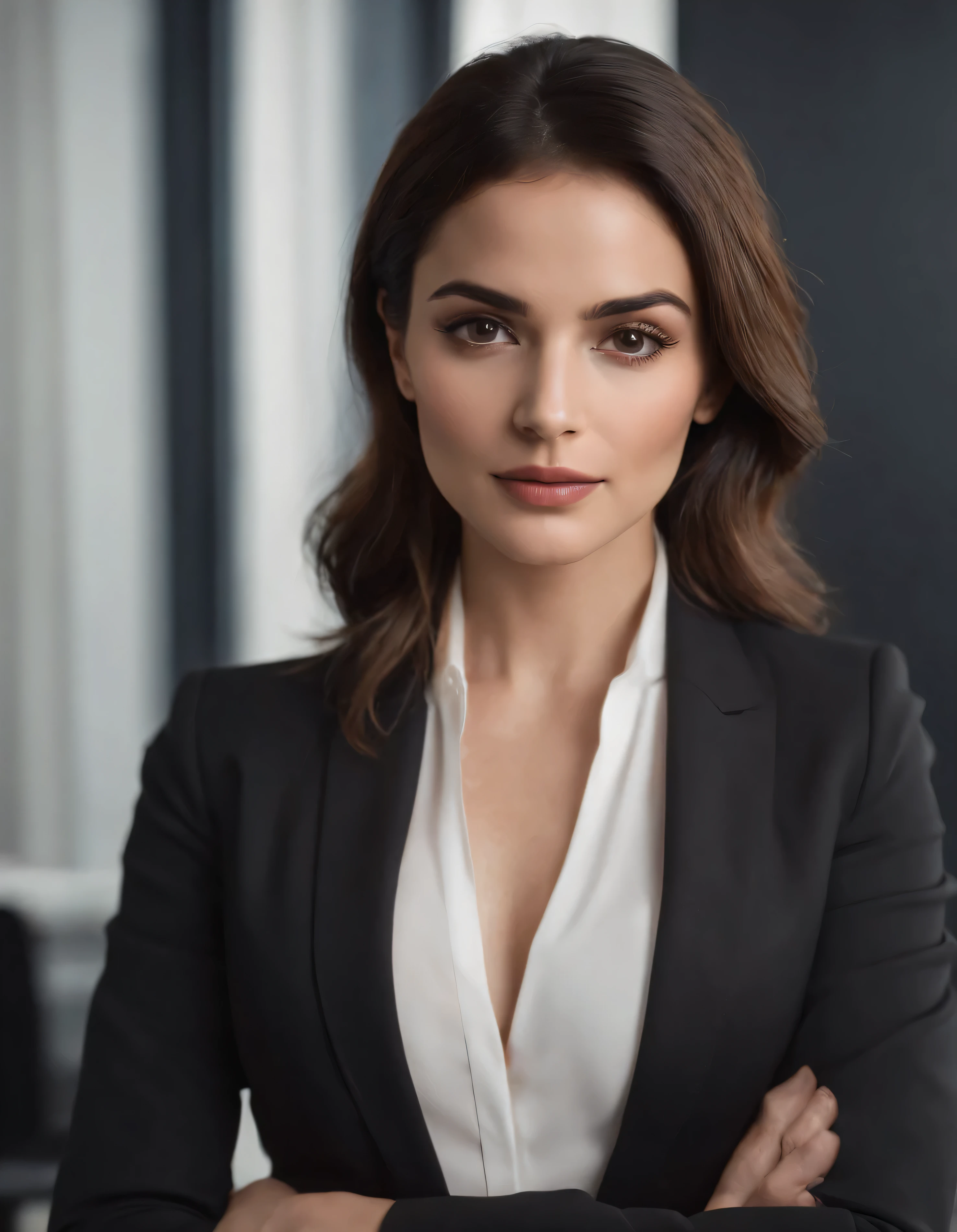 foto realista mulher morena cabelos longos ondulados roupa de executiva, Black suit in office with face facing forward oval face