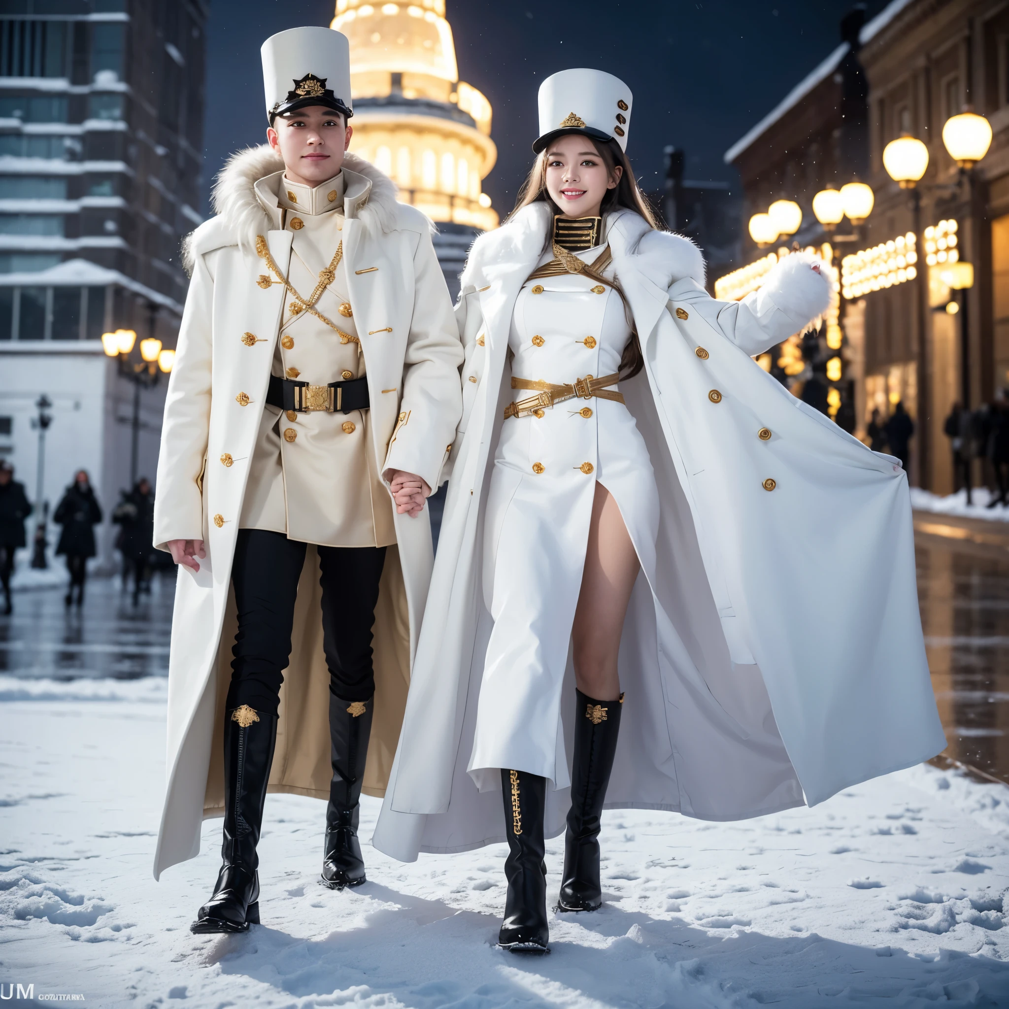 A woman wearing long white military dress with gold details, wearing a long white fur coat, imperial Russian military hat, long white hair, black boots, smiling, big breasts, red eyes, walking on a city promenade in snowy weather , orange lighting, at night,HDR, ultra resolution, well defined, masterpiece, 8K HD (woman solo )