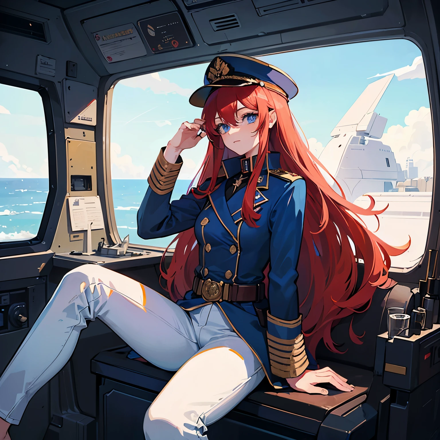 ((Masterpiece)), ((Highest Quality)), ((Best Quality)), (Illustration of One Girl), Full Body, 25 Years Old, Long Red Hair, (Thin Hair on Both Sides of the Face), Blue Eyes, (Tall)), ((Muscular Strong Body)), (Manspreading)), Open Legilitary Uniform)), (Military Hat)), ((Military Coat)), (White Clothes), (White Pants), (White Hat), Trench Coat, ((Inside the spaceship, sitting in the captain's seat)), (outside the window, space, Earth seen from space, spaceport)