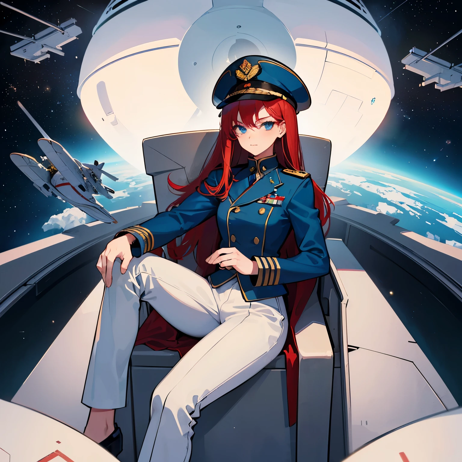 ((Masterpiece)), ((Highest Quality)), ((Best Quality)), (Illustration of One Girl), Full Body, 25 Years Old, Long Red Hair, (Thin Hair on Both Sides of the Face), Blue Eyes, (Tall)), ((Muscular Strong Body)), (Manspreading)), Open Legilitary Uniform)), (Military Hat)), ((Military Coat)), (White Clothes), (White Pants), (White Hat), Trench Coat, ((Inside the spaceship, sitting in the captain's seat)), (outside the window, space, Earth seen from space, spaceport)