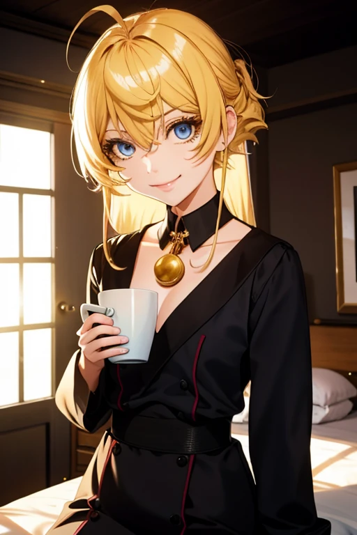 "Adult girl ，Masterpiece level work， Better image quality，In front of the camera， Neckline， He smiles， Sexy servant， Looking directly at the camera，By pants，Perfect bodies , night background，He sits drinking a cup, Inside the room, yellow hair , Yamono。