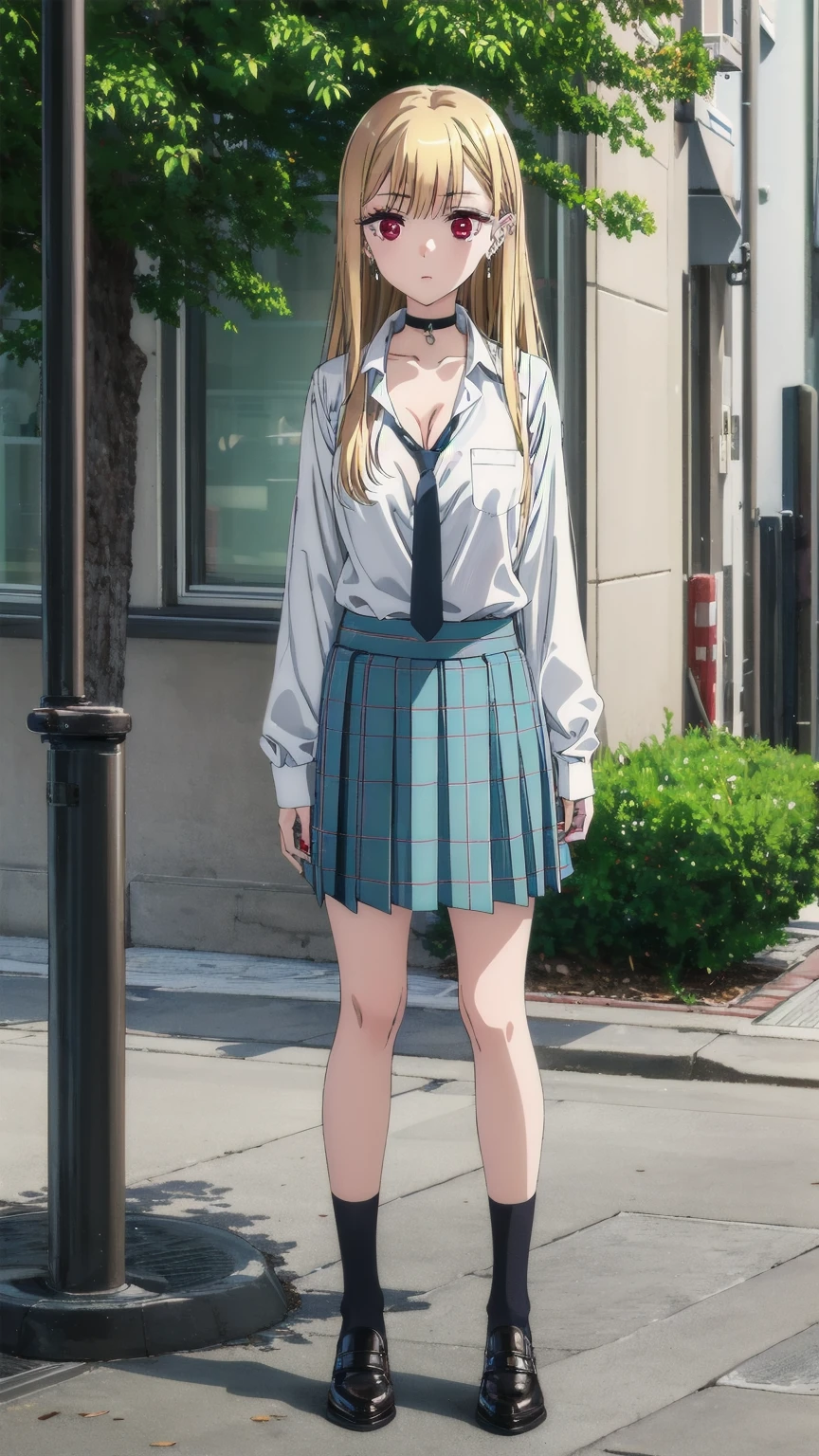 (((Pixel Perfect, Perfect detail))), 1girl, solo, marin kitagawa, blonde hair, choker, ear piercing, earrings, long hair, piercing, (red eyes:1.5), straight hair, swept bangs, black necktie, long sleeves, pleated skirt, , shirt, skirt, sleeves rolled up, white shirt, cleavage, outdoor, full Body
