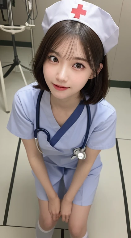 (Fragments flying:1.2),(8K high quality), (best quality), (RAW image quality), (Reality), (That'Reality的な:1.37), big eyes,Long eyelashes,That'Beautifully(Live-action Reality的な style),ultimate face,Reality的な光と影,Clear facial features,milky white skin, High Detail Skin,Reality的な skin details,Visible pores,(Ultra Detailed),(short hair),best portrait,((Photos taken from a distance, From the front)), Only one girl, Cute type,beautiful eyes, Beautifully detailed nose, Very delicate skin) ,(Double eyelid face is good looking), (realism: 1.4),Excellent details, Ultra-high resolution,,,Beautiful face,,25 years old,(Beautiful Face 1.4),Thin,,((Filming in hospital operating room)),, ((Wearing nurse uniform',Make eye contact with the audience)),Wearing nurse uniform cap,(The hospital is white.),,Very beautiful legs,((Crouch in front of the audience))),Squat down with your legs slightly open,The hospital floor is white,Crouch in front of the audience,((Crouch in front of the audience)), ((, Slim, Thinウエスト, Thin太もも, Thin腕, Smile)), (((Upward, (Watch from above:1.2), , Face, how, View, Sticking out tongue, open mouth)))