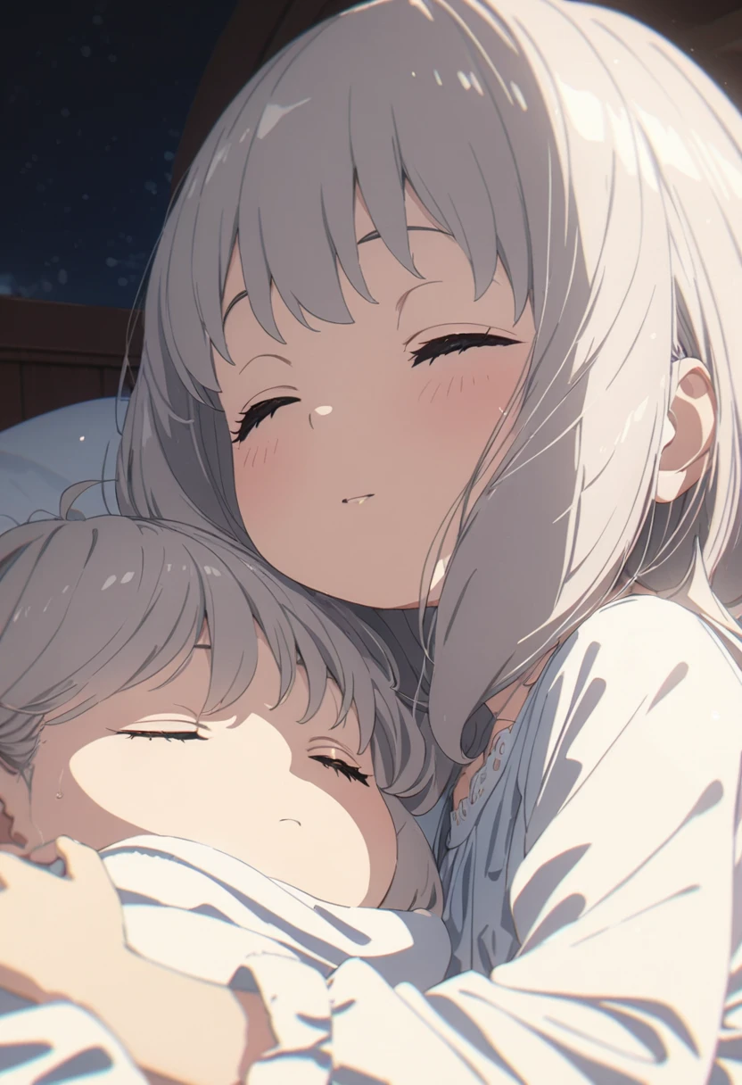 masterpiece, highest quality, Super Detail, 8k, Detailed light, Detailed Shadows, to be born, (Detailed skin), (Genuine: 1.2),, 1. Scandinavian girl, face, (9 years old), Gray Hair, sleep in a luxurious bed, Night Dress