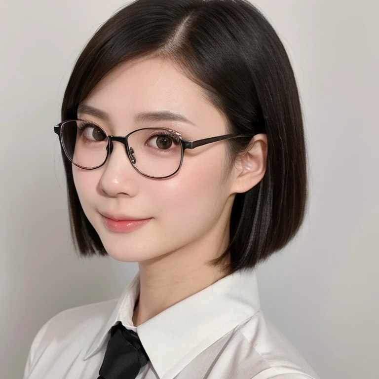 (kawaii 24year-old Japanese girl, Nogizaka idol, Korean idol), (glossy black hair, very short hair, pixie cut:1.3), (rounded face, black eyes, single eyelid, no makeup, soft smiling:1.2), (wearing glasses, baige, silky white collared shirt unbuttoned:1.3), (flat chest, extra small breasts:0.8), (looking at viewer:1.2), BREAK, (simple white background:1.3), (view from forward, portrait, close shot:1.3), BREAK, (masterpiece, best quality, photo realistic, official art:1.4), (UHD, 8K quality wallpaper, high resolution, raw photo, golden ratio:1.2), (shiny skin), professional lighting, physically based rendering, award winning, (perfect anatomy, highly detailed skin, extremely detailed face and eyes), Carl Zeiss 85 mm F/1.4, depth of field, 1girl, solo,