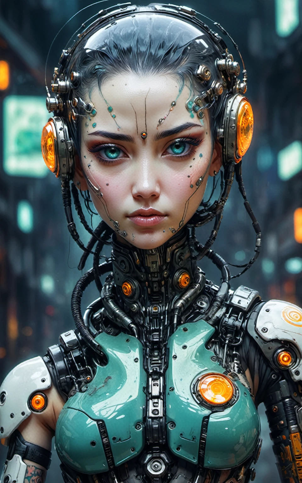 Detailed portrait cyberpunk (sks person), futuristic neon reflective wear, sci-fi, robot parts, ismail inceoglu dragan bibin hans thoma greg rutkowski alexandros pyromallis nekro rene margitte illustrated, perfect face, ((tattoo)), , matte skin, pores, wrinkles, hyperdetailed, hyperrealistic,, Moody Lighting, Hasselblad Award Winner, Soft Diffuse Lighting, Smirk,, machine face, fine details, realistic shaded, intricate, elegant, Futuristic cities、TOKYOcty、empty mechanical car、natta、Numerous cyborgs fighting surrounded by creepy cyborg DNAt."."agnes cecile, Written by Andre Masson, Francis Bacon, 4K, intrincate details, Attention to detail, awardwinning, 8K, crisp quality, hyper realisitic, Exquisite craftsmanship, nffsw, masutepiece, Lusciousness, Mesmeric, Dreamy, Eye-catching, Irresistible, Fascinating, Glorious, divine, Pretty, excellent, Gorgeous, Very cute, Adorable, classy, Stunning, water color, painting, artwork, beautiful girl, include colors white pearl gold jade, orange, teal, insanely detailed photograph,