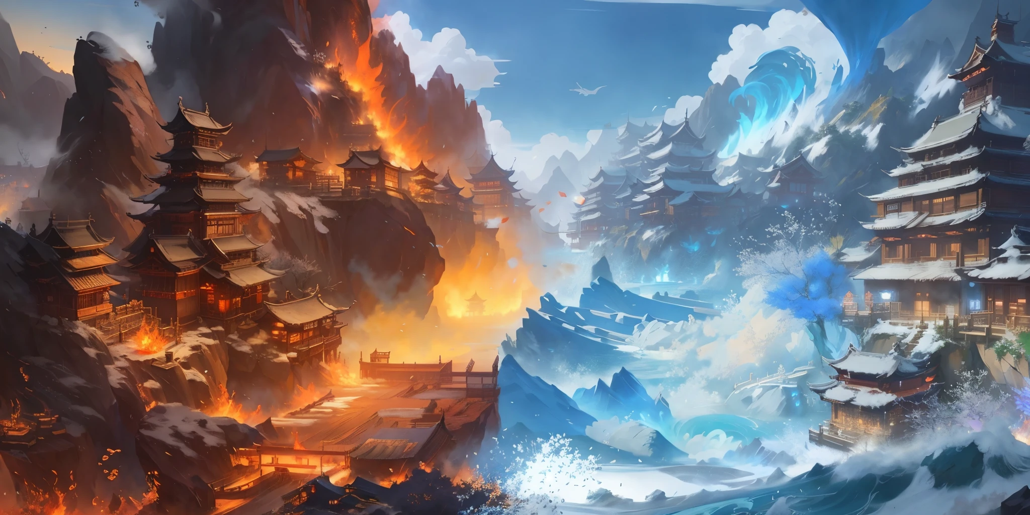 anime scenery of a mountain village on fire and water, onmyoji detailed art, 4 k resolution concept art, riot games concept art, onmyoji, blizzard hearthstone concept art, concept art wallpaper 4k, 4 k hd illustrative wallpaper, official splash art, feng zhu concept art, 4k highly detailed digital art, concept art | feng zhu