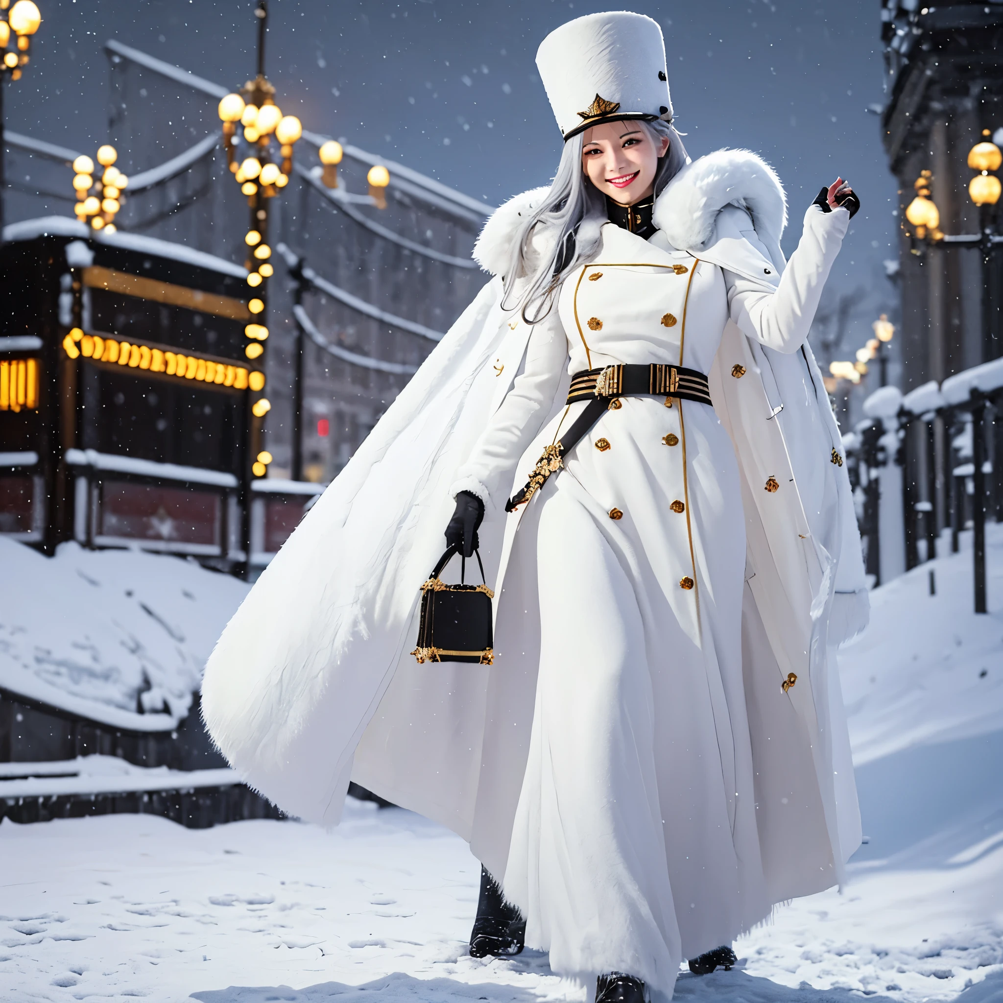 A woman wearing long white military dress with gold details, wearing a long white fur coat, imperial Russian military hat, long white hair, black boots, smiling, big breasts, red eyes, walking on a city promenade in snowy weather , orange lighting, at night,HDR, ultra resolution, well defined, masterpiece, 8K HD (woman solo )
