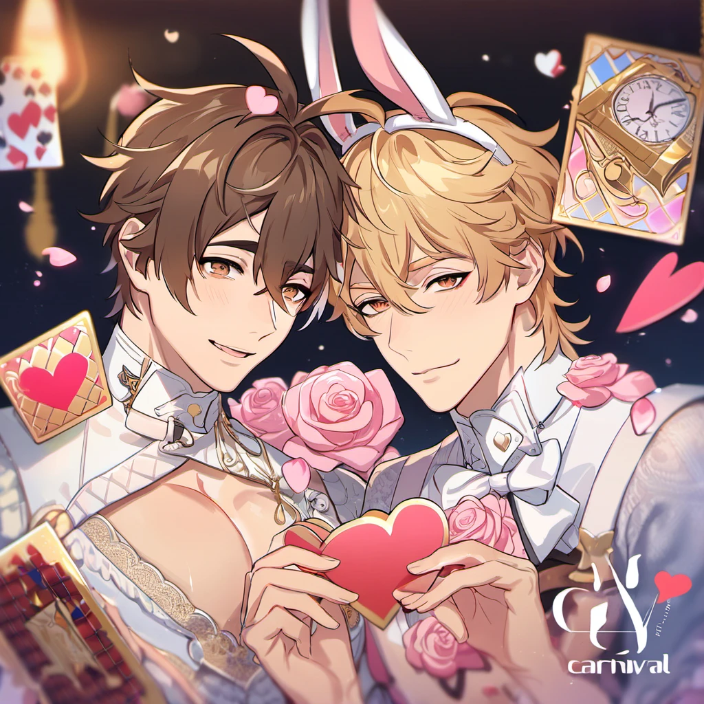 absurdres, high res, ultra detailed, HDR, master piece, best quality, perfect face, Eiden, brown hair, expressive brown eyes, Nu Carnival, Quincy, blond messy hair, expressive orange eyes, two men together, sexy gay couple, handsome, fantasy black and white clothes, showing the chest, bunny ears, in wonderland, heart cards, clock, pink roses