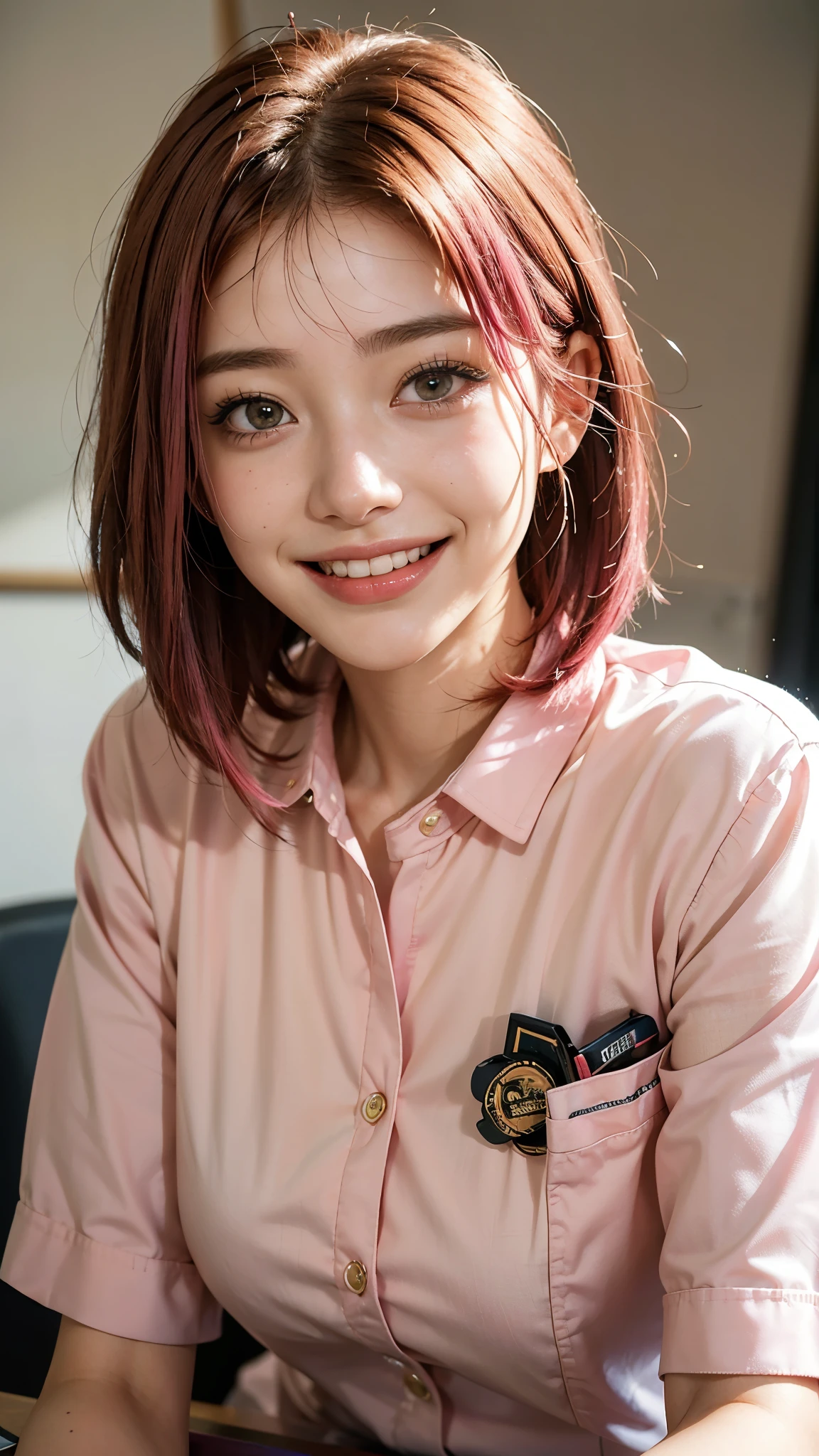 highest quality, masterpiece, Ultra-high resolution, (Realistic:1.4), (Close-up portrait) RAW Photos, 1 girl,20-year-old,((Random Workplace)),((Random Industry Uniforms)),((Passion pink hair gal make-up)),(((Work uniform))),Messy Hair,((Cap Chestnut)),((Bangs short hair)),Realistic,picture media chest)),((Smiling with teeth showing)),((Big smile))