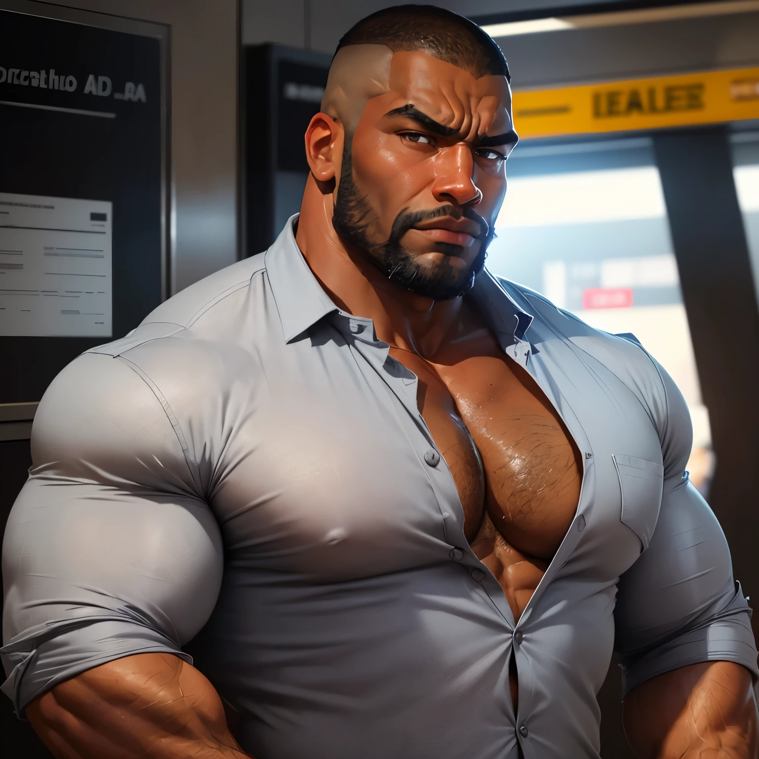 an exaggeratedly muscular and large bodyguard, beefy build, beard, dark-skinned african american male, buzzcut hair with square line, (worried expression: 1.2), (wearing unbuttoned grey business shirt: 1.2), open shirt, small name tag on shirt, (bara pecs: 1.3), (arm and chest hair: 1.1), close-up portrait HD, (train station)