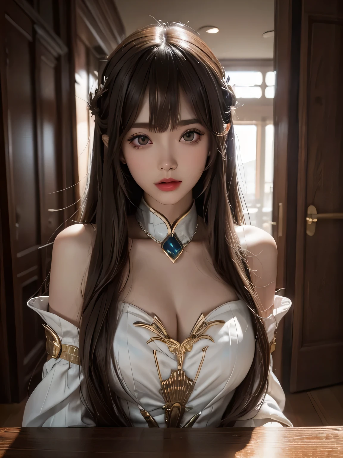 long brown hair、smooth straight hair、Big eyes with bangs and eyeliner.、Nordic youth、perfect shape、Plump breasts、chop、Very beautiful and lovely.、white muscles、Glowing skin、Young and beautiful skin、Perfect and beautiful little face、glossy makeup、Some pink lip gloss、girl、lipstick、Deceptive advertising、{steam}、Viewer's perspective、Atmosphere view of Primetime Lightokeh、film light details、complicated details、High resolution、 Detailed features of face design、Highly detailed、Clear focus、Smoothness、aesthetics、print、Octane Render、{{Masterpiece}}