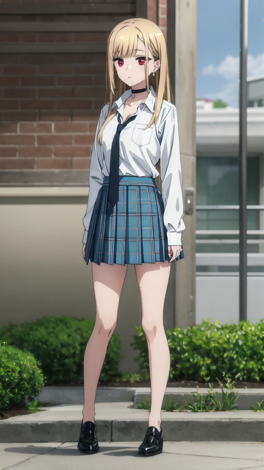 (((Pixel Perfect, Perfect detail))), 1girl, solo, marin kitagawa, blonde hair, choker, ear piercing, earrings, long hair, piercing, (red eyes:1.5), straight hair, swept bangs, black necktie, long sleeves, pleated skirt, , shirt, skirt, sleeves rolled up, white shirt, cleavage, outdoor, full Body