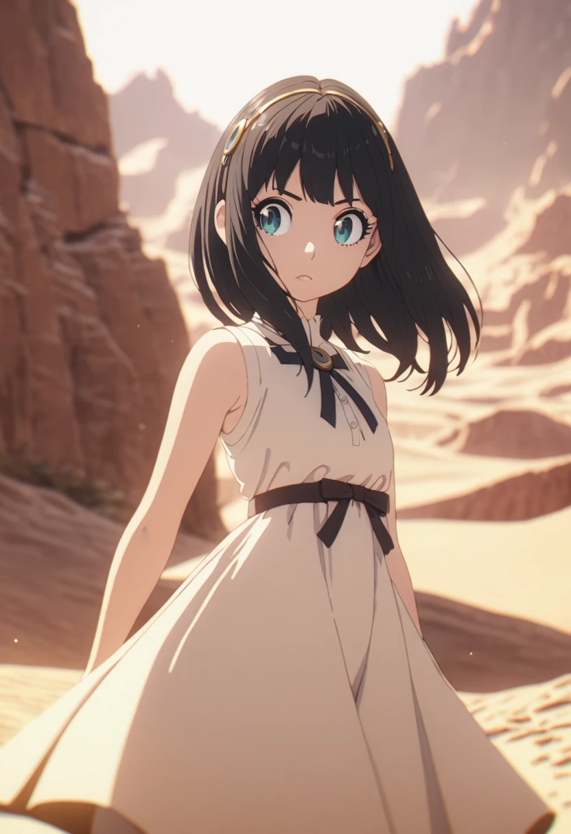 Photo of Cleopatra with natural skin, Short, voluminous black hair, Sharp eyes with blue eyeshadow, A thin, upturned nose, Well-shaped lips, Hourglass-shaped body shape, Typical attire, Makeup, Exquisitely crafted with the utmost attention to detail, Vibrant, amazing, Smooth, Cinematic, 4K, Backlight, Fantasy Desert Background, Shallow depth of field.