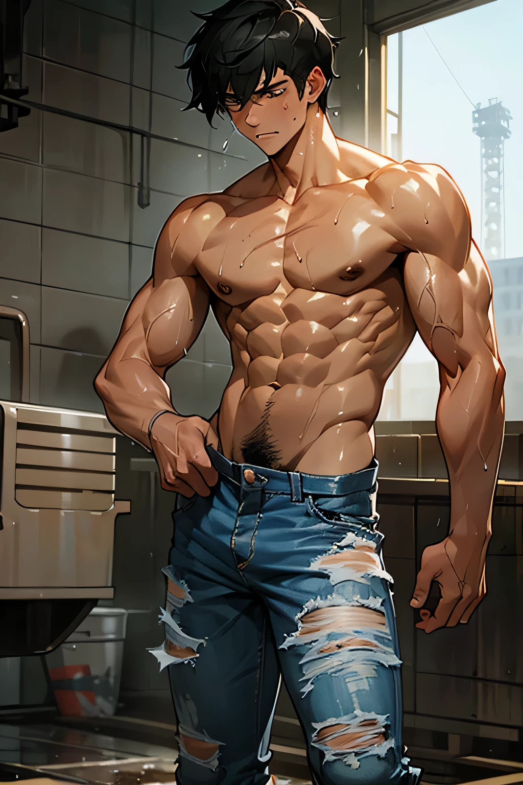 shirtless, handsome, super muscular, short black hair, caucasian male in tattered jeans and sneakers, sweat-drenched, soaking wet, drenched with sweat, sweating profusely, soaking wet with sweat,  shirtless, construction worker in the construction site