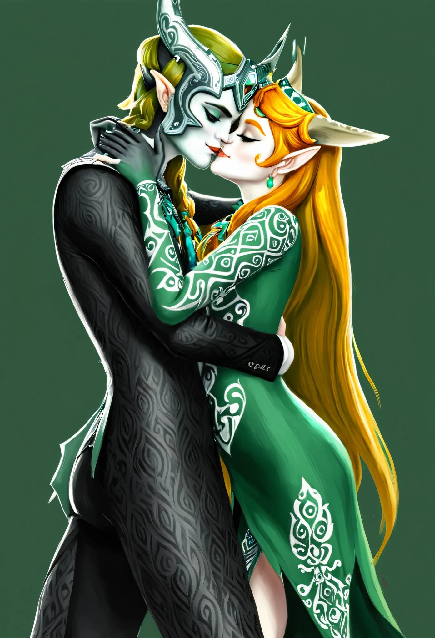 Duo, 1boy, 1girl, Score_9,score_8_up,score_7_up, source_anime, ((midna twilight princess, tall, curvy, naked)), she is kissing ((link from legend of Zelda))