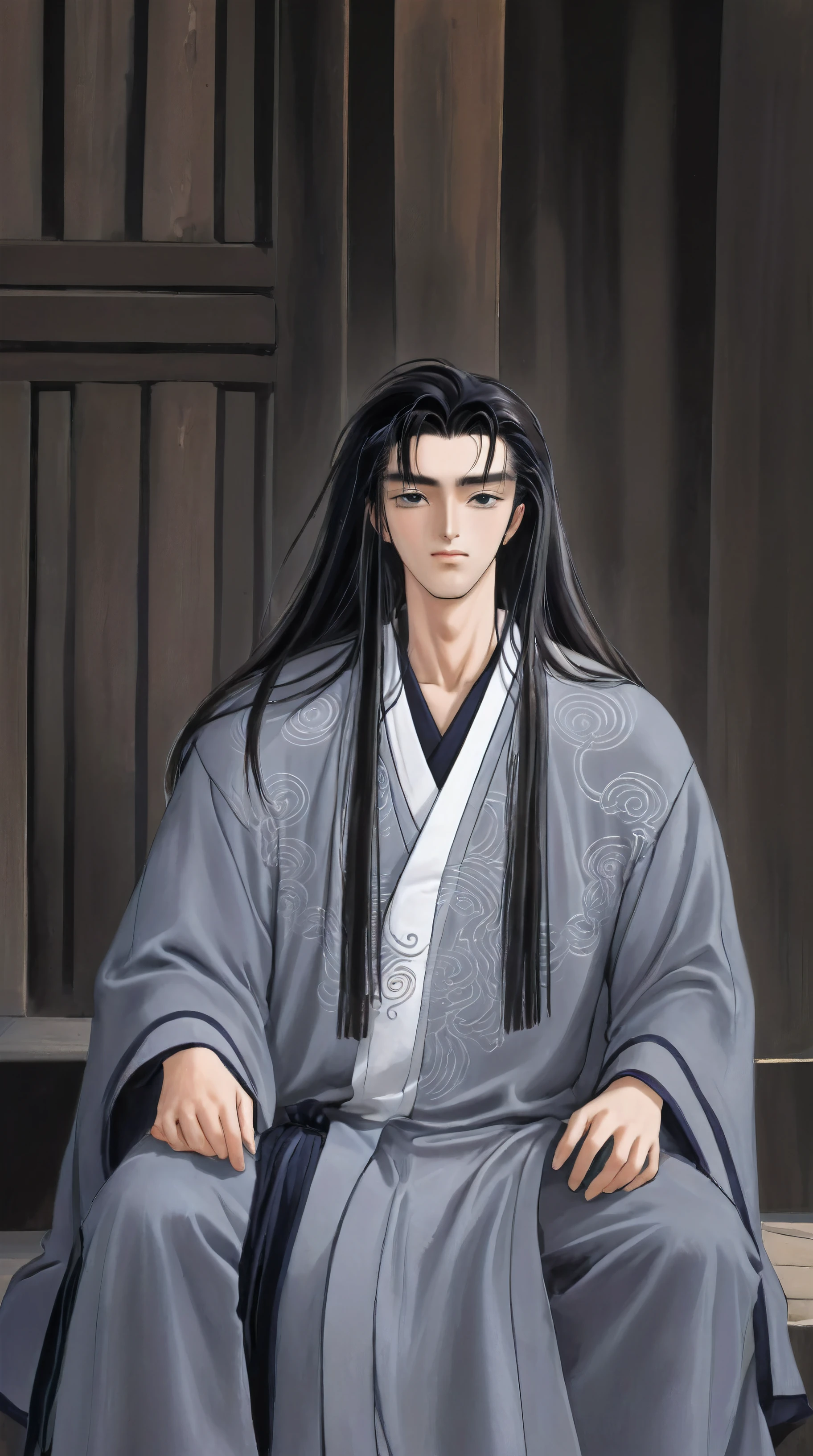 1 male, Young and handsome man, A man with long black hair wearing a gray Taoist robe sits on the steps of a Taoist temple, The expression is sacred, With eyes closed, Hyperrealism, god rays, Fujicolor, character chart, close-up, Fujifilm, Sony FE GM, UHD, super detail, high details, masterpiece, ccurate, high quality, award winning, anatomically correct, best quality, highres, textured skin
