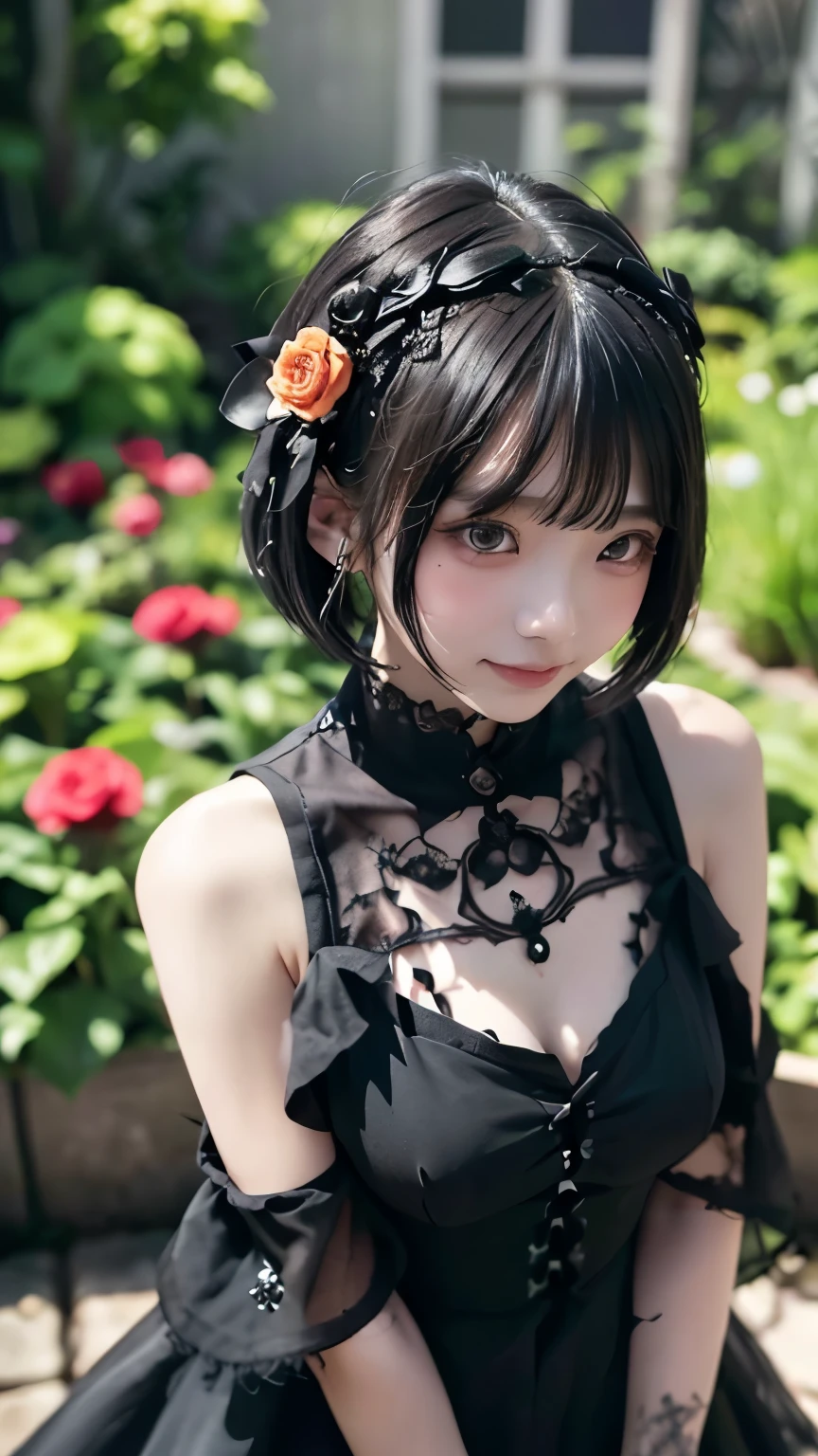 Surreal、Delicate and detailed line drawingasterpiece、highest quality、Highest quality、One Woman、(Black Hair、Hime cut, Short Hair:1.2)、Natural Makeup、Eyelash extensions、Sharply draw eyelashes、Eyebrows are thin and short、Deep orange blush、Grinning, showing some teeth、A little red cheeks、-yeld fee、Dark Rose Garden、Purple roses、(Black simple hair accessory、A gothic dress with a revealing chest:1.3)、(Blur the background:1.3)、(The subject is viewed from above:1.1)