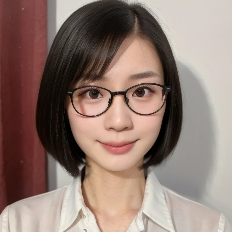 (kawaii 24year-old Japanese girl, Nogizaka idol, Korean idol), (glossy black hair, very short hair, pixie cut:1.3), (rounded face, black eyes, single eyelid, no makeup, soft smiling:1.2), (wearing red framed glasses, silky white collared shirt unbuttoned:1.3), (flat chest, extra small breasts:0.8), (looking at viewer:1.2), BREAK, (simple white background:1.3), (view from forward, portrait, close shot:1.3), BREAK, (masterpiece, best quality, photo realistic, official art:1.4), (UHD, 8K quality wallpaper, high resolution, raw photo, golden ratio:1.2), (shiny skin), professional lighting, physically based rendering, award winning, (perfect anatomy, highly detailed skin, extremely detailed face and eyes), Carl Zeiss 85 mm F/1.4, depth of field, 1girl, solo,