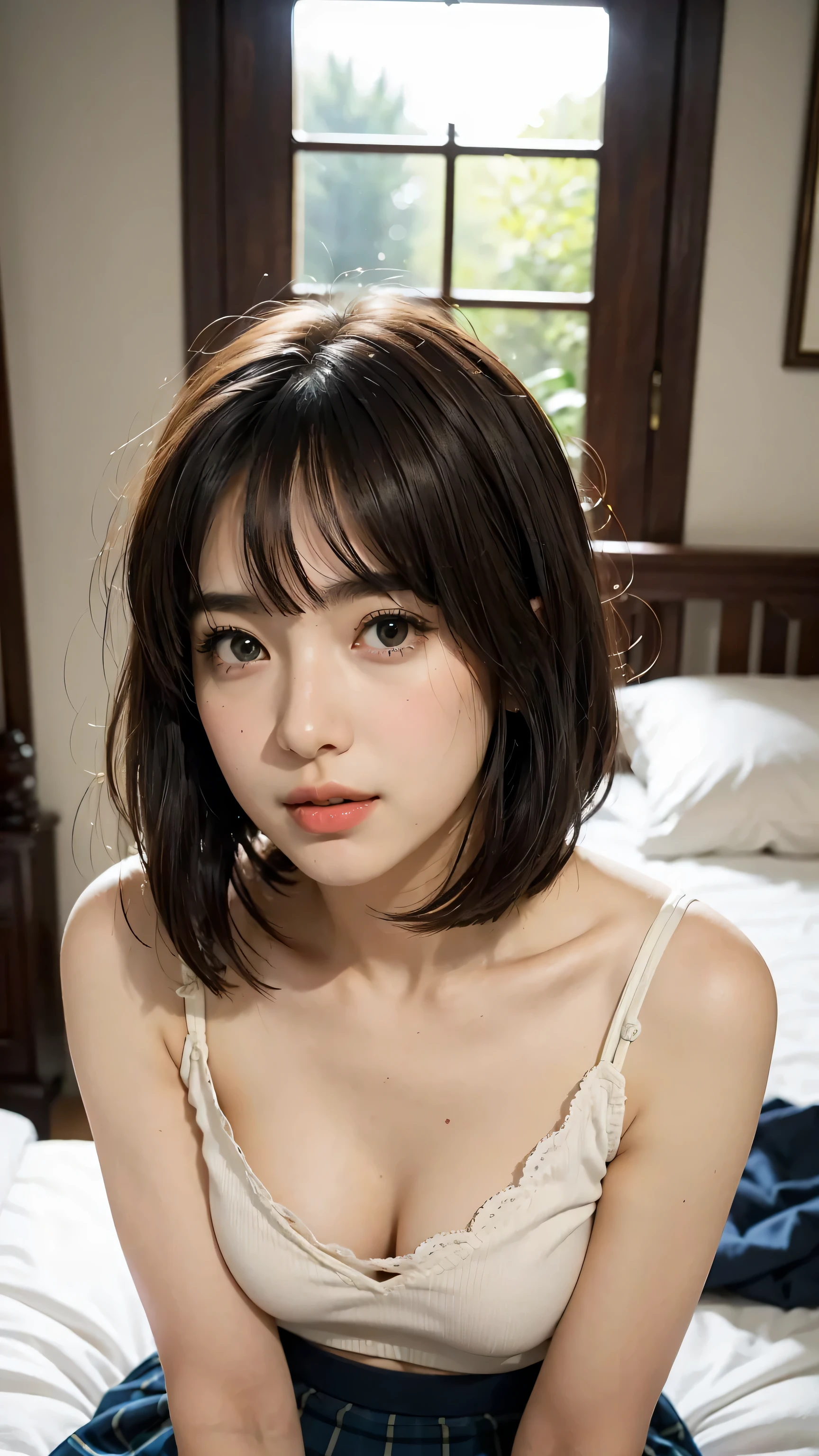 (masterpiece:1.2, highest quality), (realistic, photorealistic:1.4), beautiful illustrations, (natural side lighting, movie lighting), Depth of written boundary,
looking at the viewer, (face focus, Upper body), Front view, 1 girl, Japanese, high school girl, , perfect face, Cute symmetrical face, shiny skin,
(bob hair:1.7), asymmetrical bangs, Big eyes, droopy eyes, long eyelashes chest), thin,
beautiful hair, beautiful face, fine and beautiful eyes, beautiful clavicle, beautiful body, beautiful breasts, beautiful thighs, beautiful feet, beautiful fingers,
(beautiful scenery), evening, (bed room), (smile, Upper grade, open your mouth), (((Lift up your skirt and show your panties))),
