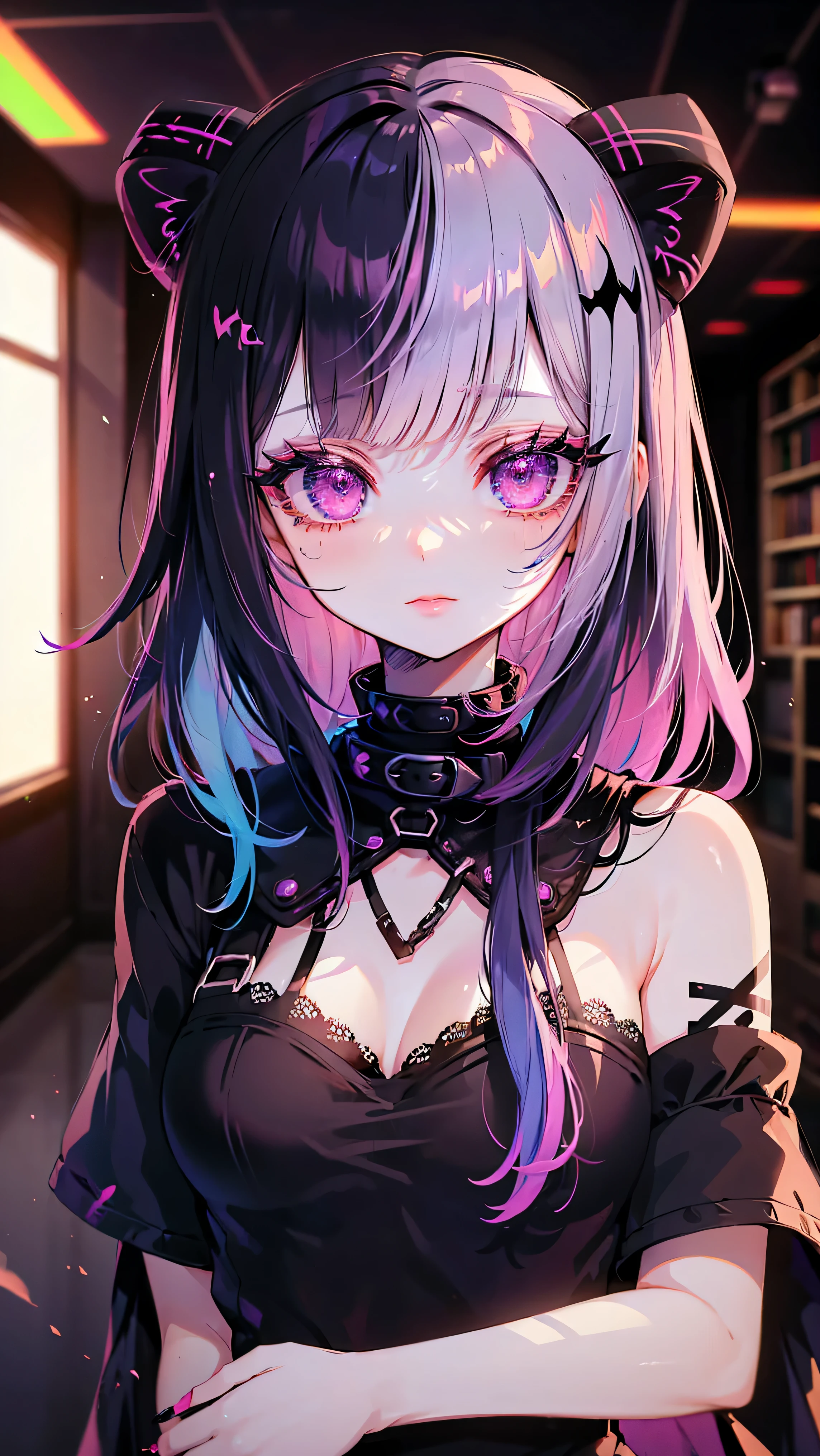 1girl, Holo-Punk Style, goth, masterpiece, best quality, indoors, mascara, lips, eyeliner, pale skin, rainbow hair