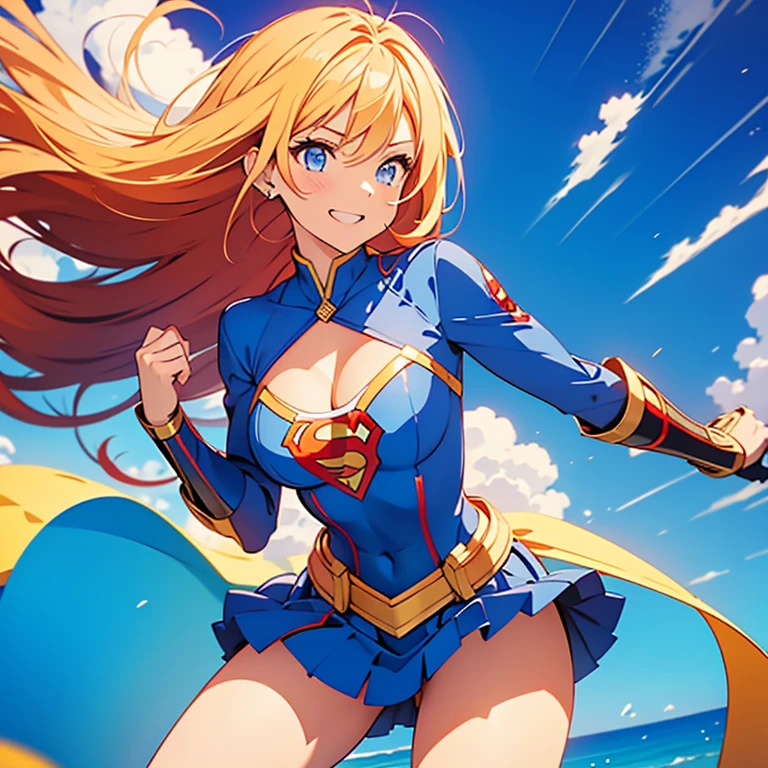 capitana marvel. beautiful 22 year old superhero girl. cabello rubio brillante sonrisa, rubor, ojos celestes. pechos grandes, disfraz de superheroe azul y amarillo. volando por el cielo , cabello rubio . piel clara rubia. pechos grandes. cuerpo completo, super girl suit. Super Short skirt, cleavage, tiny suit, trasero grande, sexy girl, showing more skin