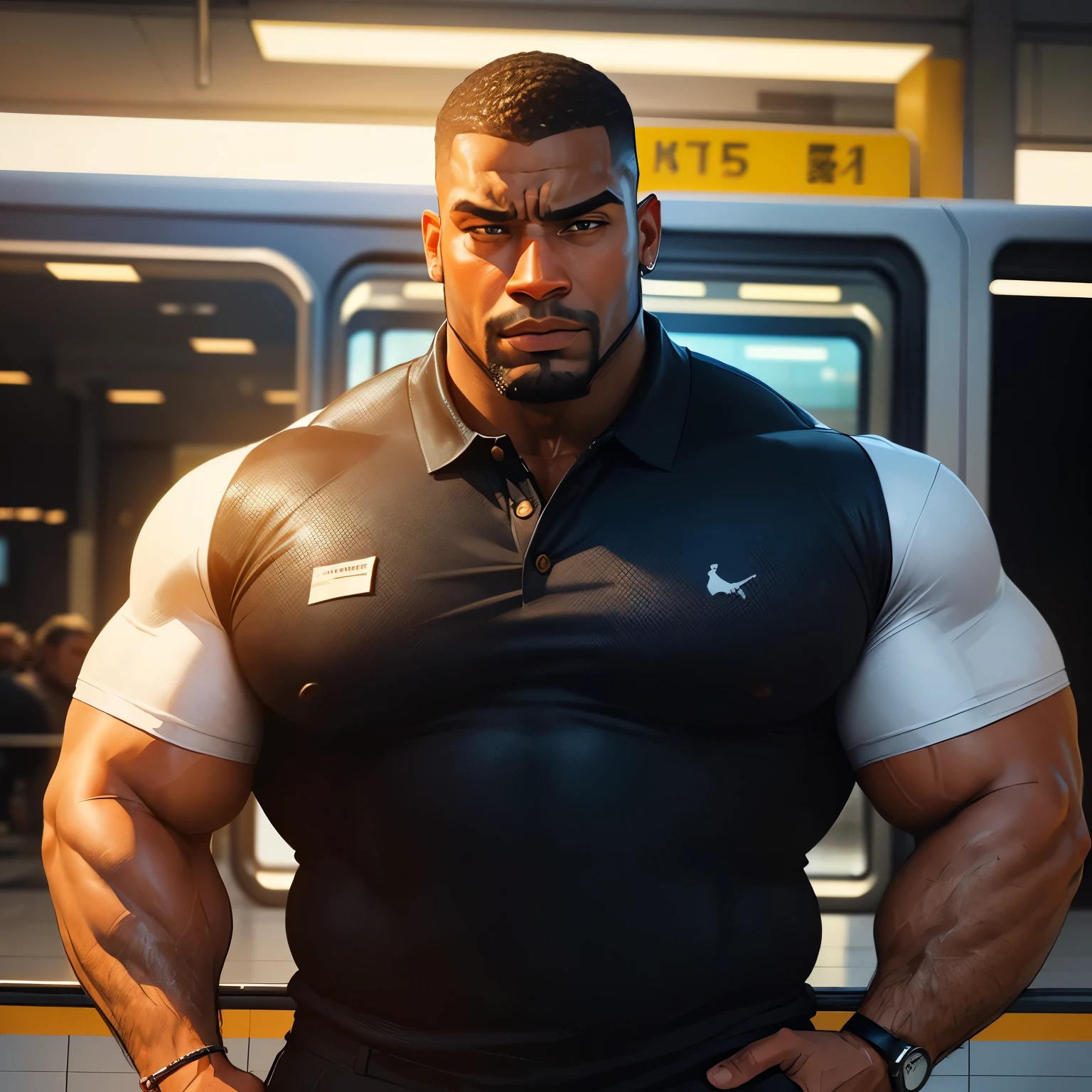 an exaggeratedly muscular and large bodyguard, beefy build, beard, dark-skinned african american male, buzzcut hair with square line, (worried expression: 1.2), (wearing polo shirt: 1.2), small name tag on shirt, (bara pecs: 1.3), (arm and chest hair: 1.1), close-up portrait HD, (train station)