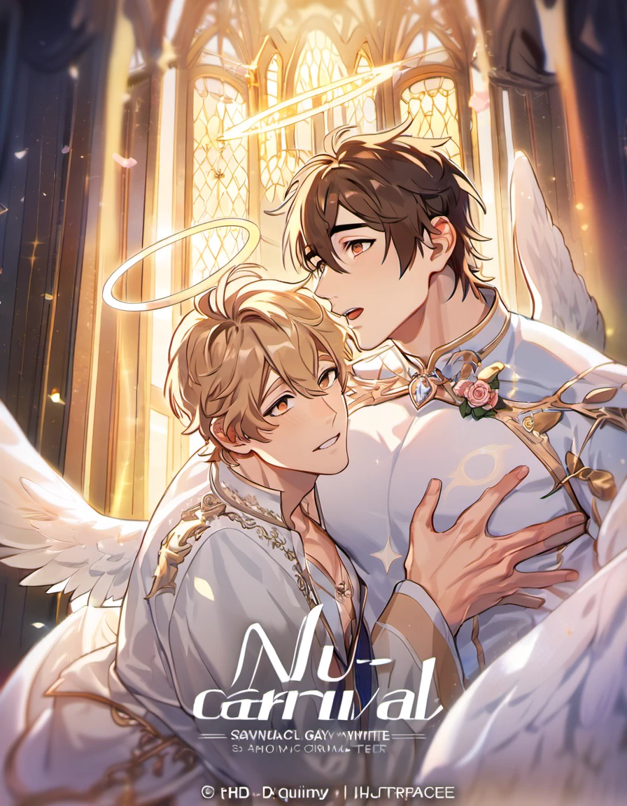 absurdres, high res, ultra detailed, HDR, master piece, best quality, perfect face, Eiden, brown hair, expressive brown eyes, Nu Carnival, Quincy, blond messy hair, expressive orange eyes, two men together, sexy gay couple, handsome, fantasy celestial white clothes, showing the chest, halo, angel, white angel wings, pink roses, sanctuary